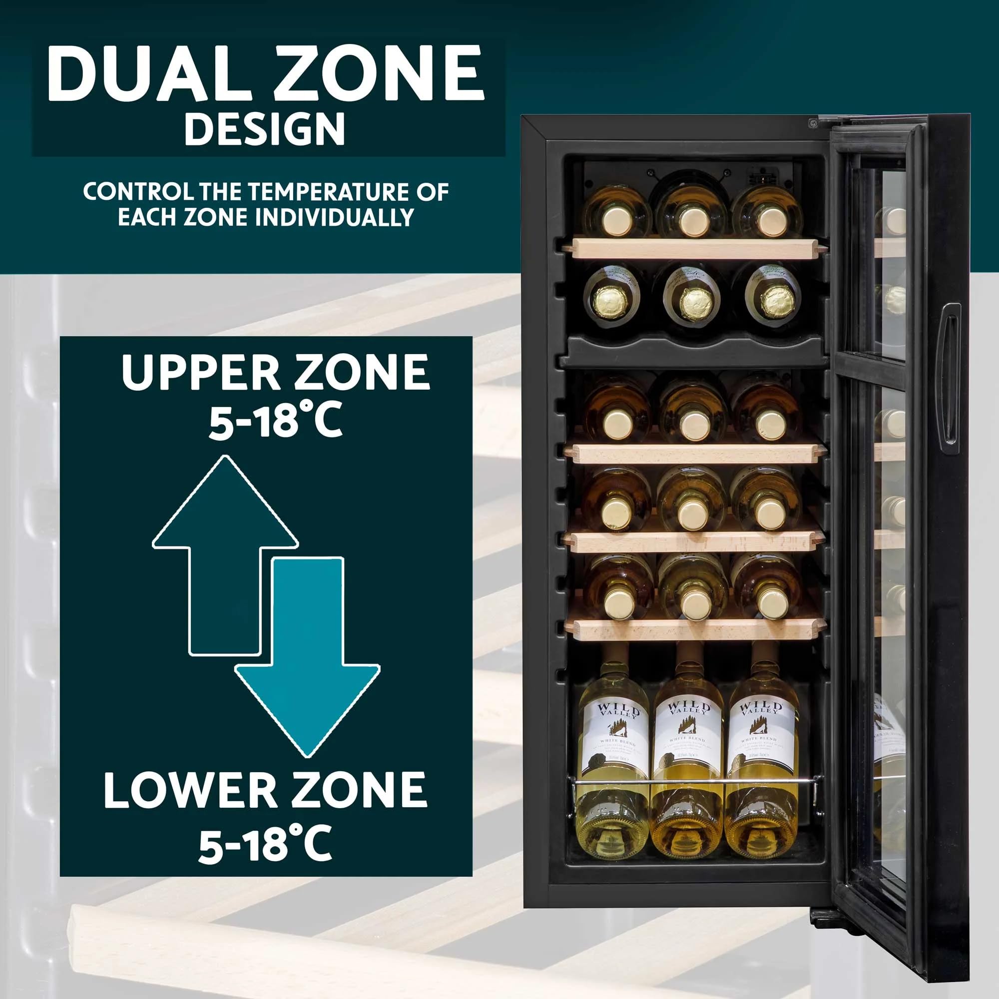 Dellonda Baridi 18 Bottle Dual Zone Wine Cooler, Fridge with Digital Touch Screen Controls, Wooden Shelves & LED Light, Black - DH89 — view 2