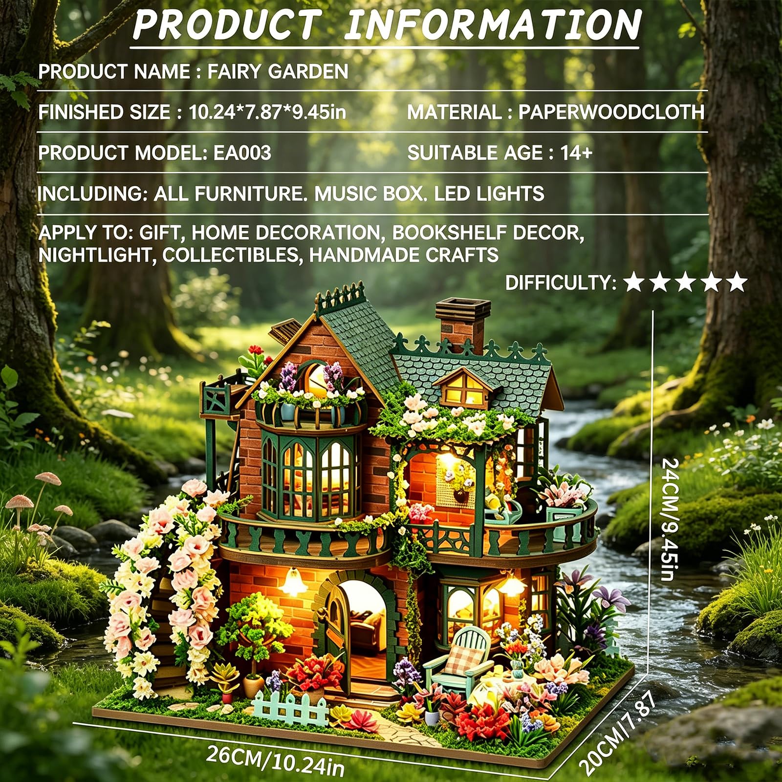 Zestaw do samodzielnego montażu miniaturowego domku dla lalek, Domek w lesie ForestCottage, ręcznie wykonany z drewna, miniaturowy domek z lampkami LED, dla dorosłych, wyjątkowy prezent dla nastolatkó
