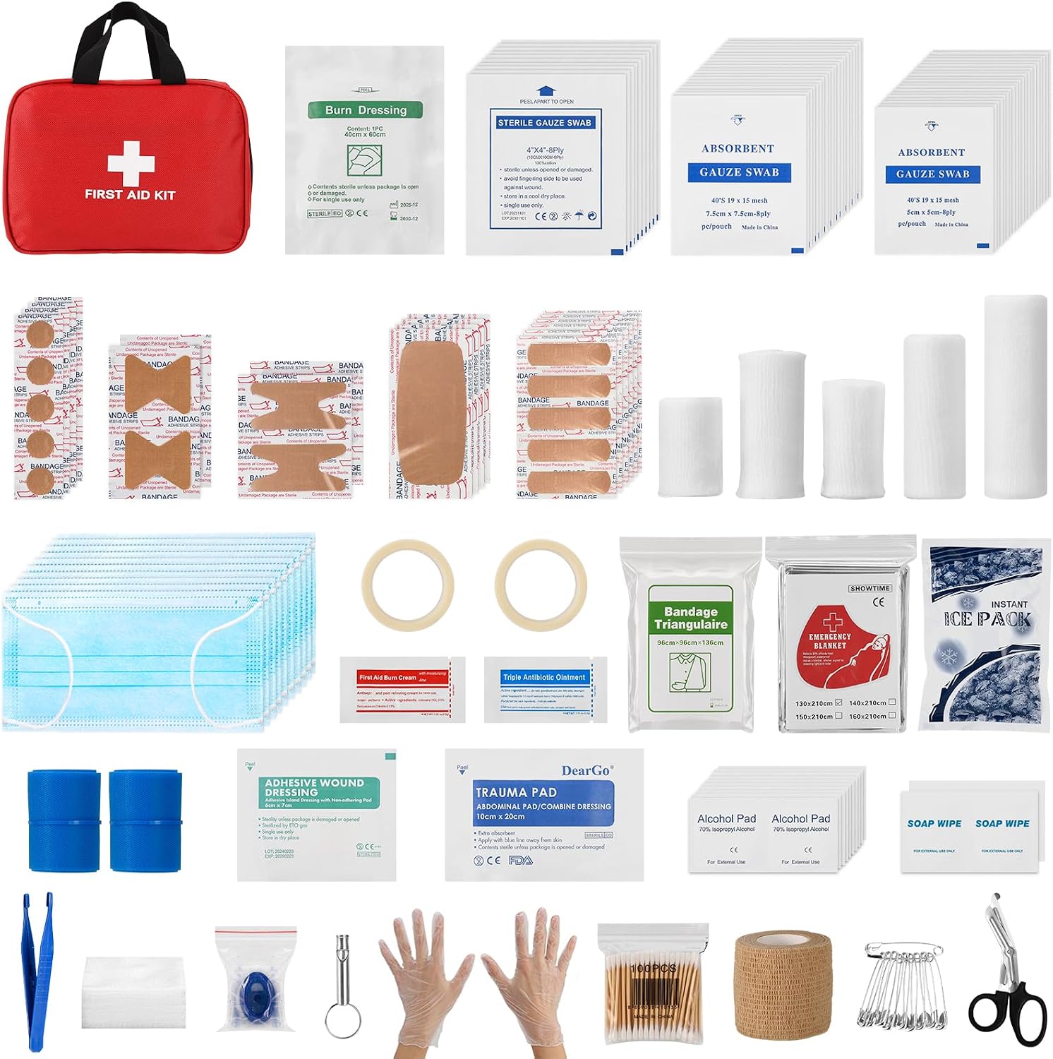 Portable First Aid Kit, Emergency Preparedness Supplies for Home, Car, Travel, Camping, Office and Outdoor Use, Compact Red Bag with Assorted Bandages, Gauze and Care Accessories