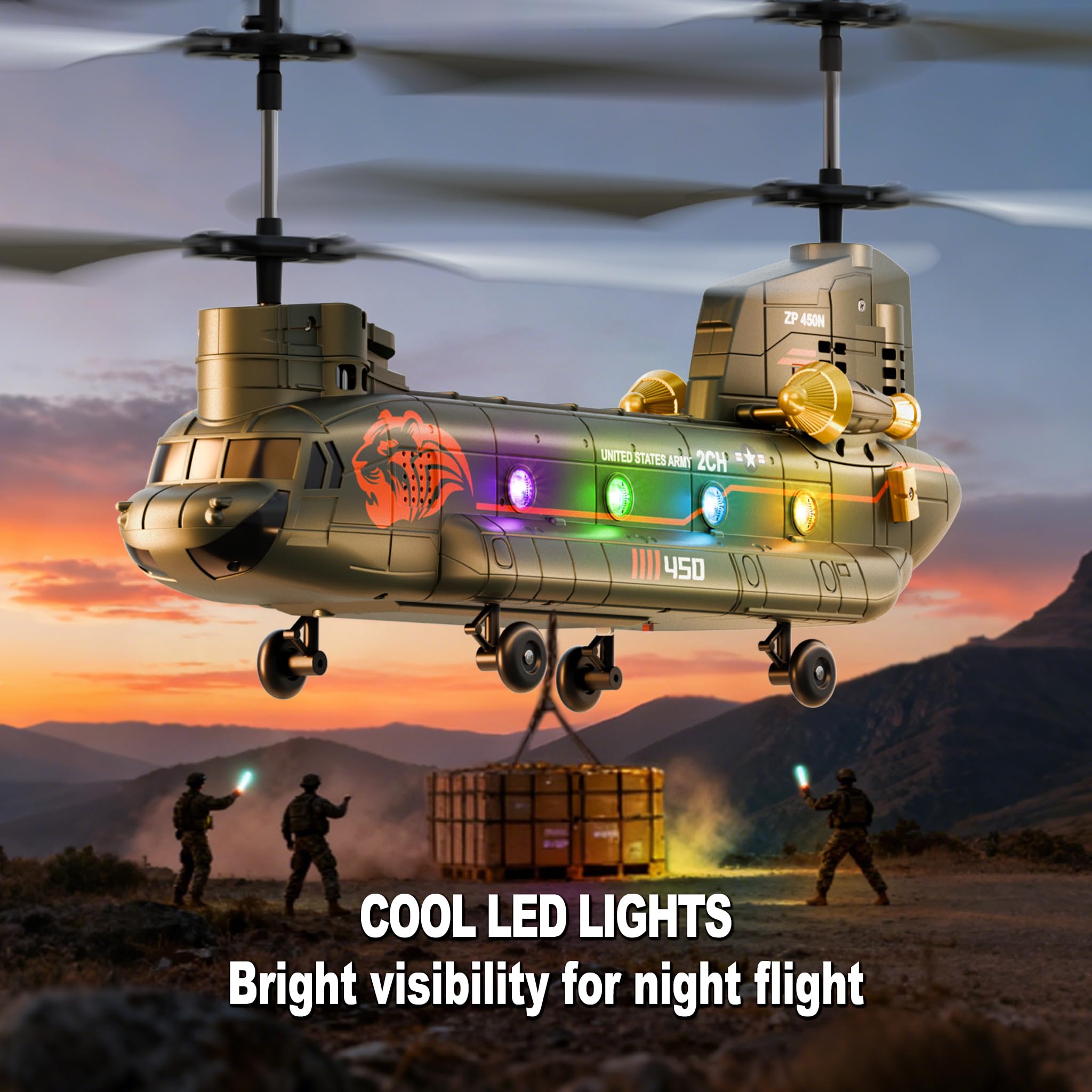 XIKOTEC Helicóptero Teledirigidos, Helicoptero RC con Luz y 2 Baterías, Helicóptero de Control Remoto con Mantenimiento de Altitud y Luz LED, Transporte Militar para Fanáticos del ejército