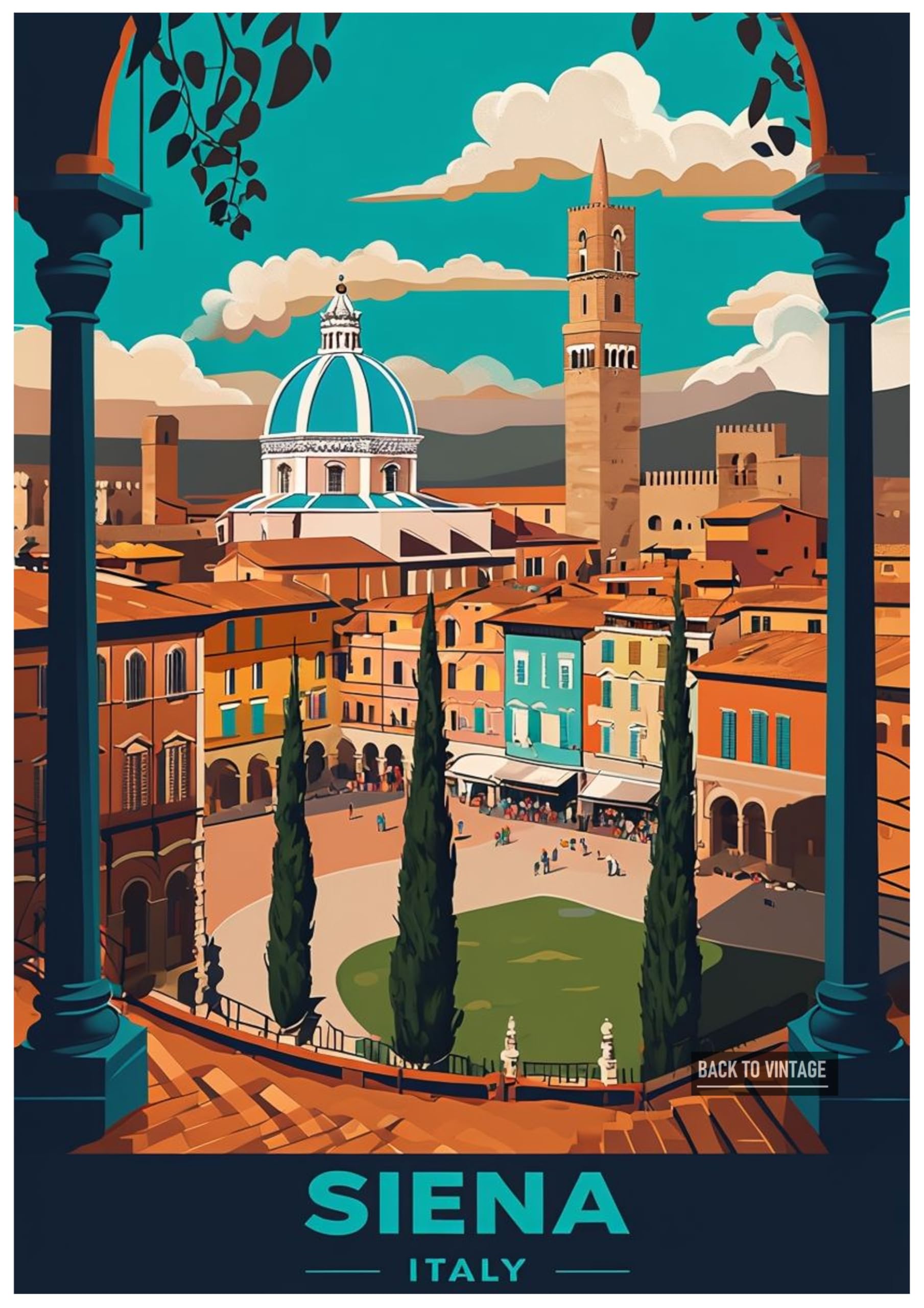 Stylized Retro Travel Poster Of Siena City With Vibrant Colors - Retro Europe Travel Poster A4 Size Vintage Wall Art Print of Famous European Destinations Ideal for Home or Office Decor