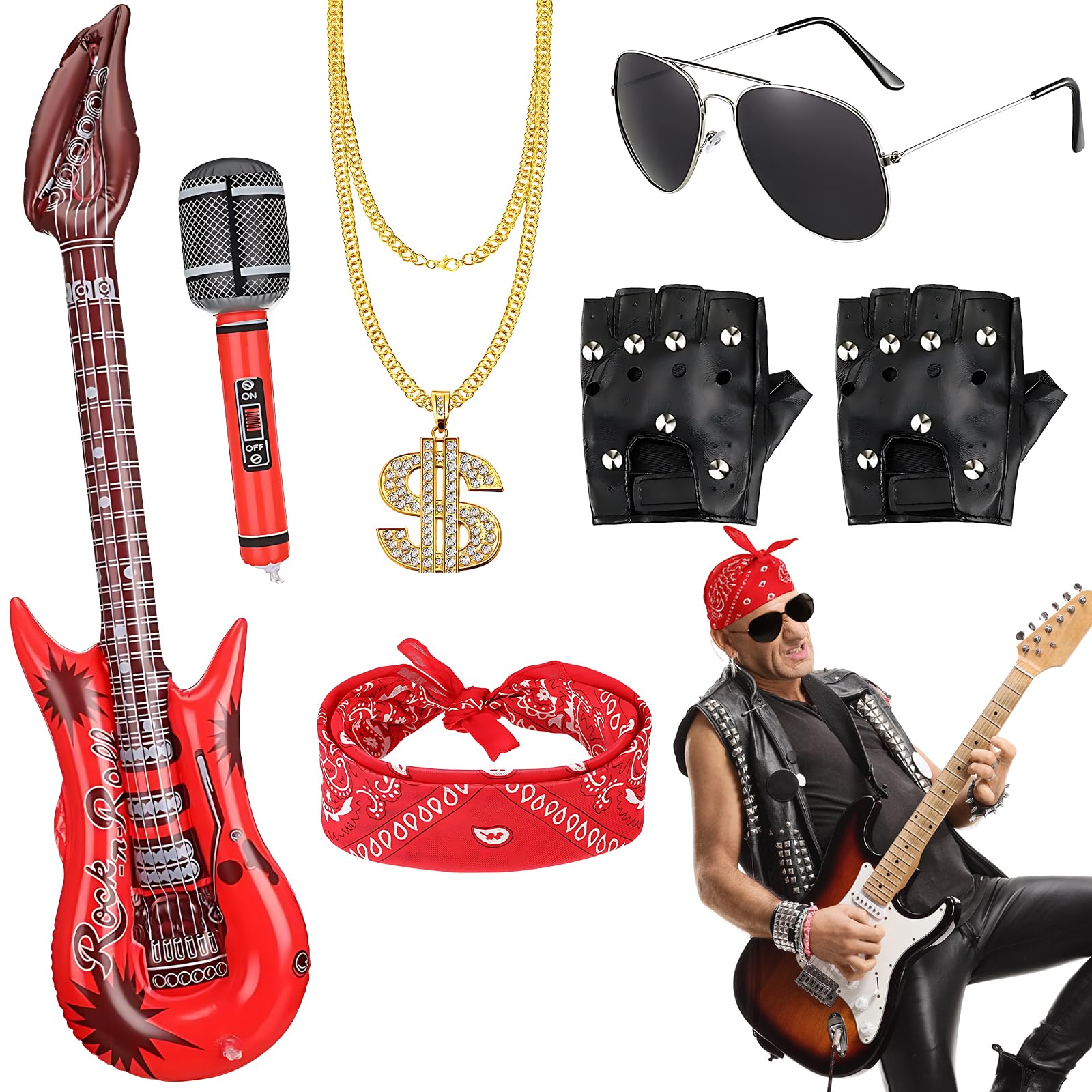 OTTDBEA 7 Pcs Rockstar Fancy Dress Kids, Kids Rock Star Costume Set including Guitar & Mic
