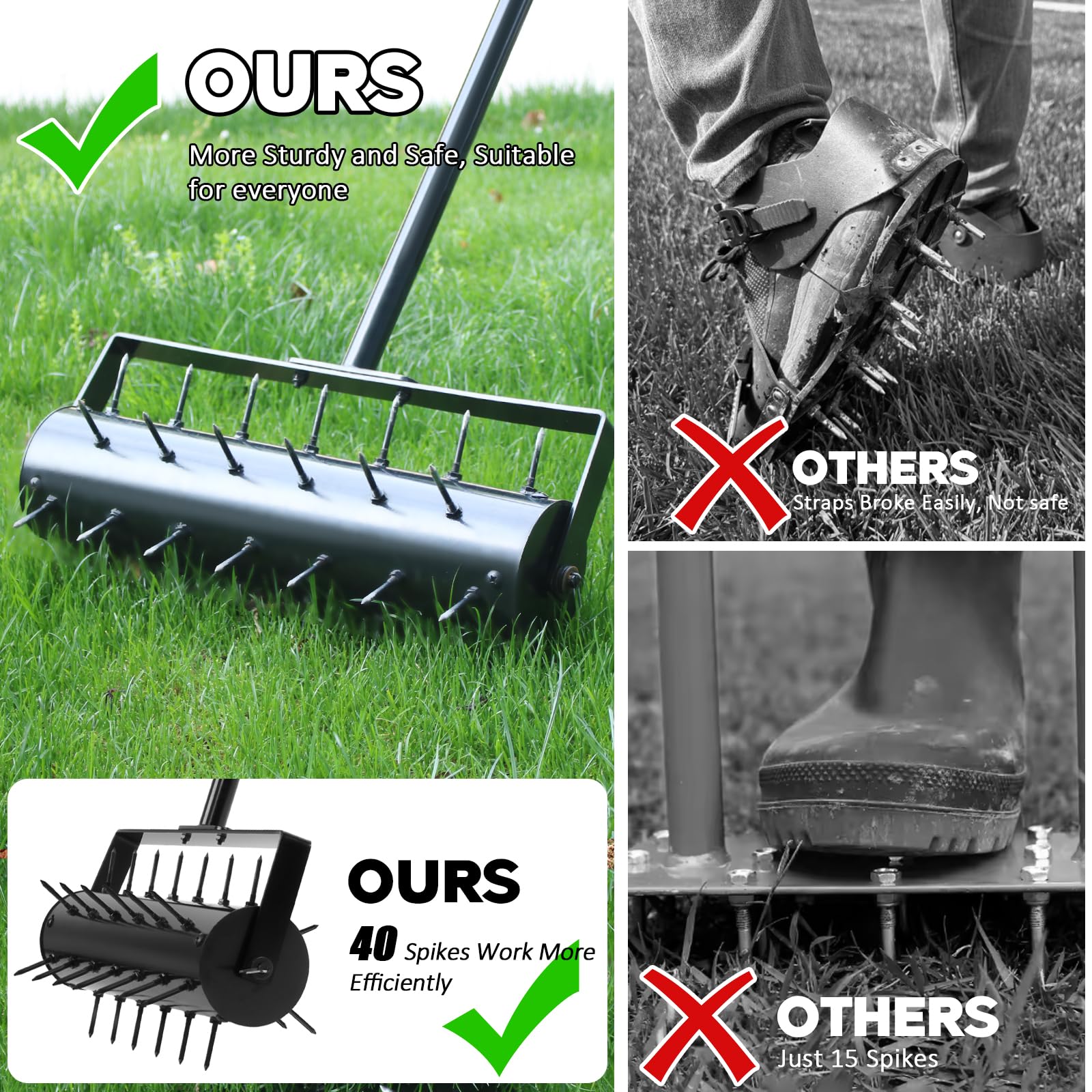 Rollender Rasenbelüfter mit 42 verstärkten Stahlspikes, robustes manuelles Rasen- und Hofbelüfterwerkzeug, vormontierter Push-Grasbelüfter mit verstellbarem Griff für Gartenerde