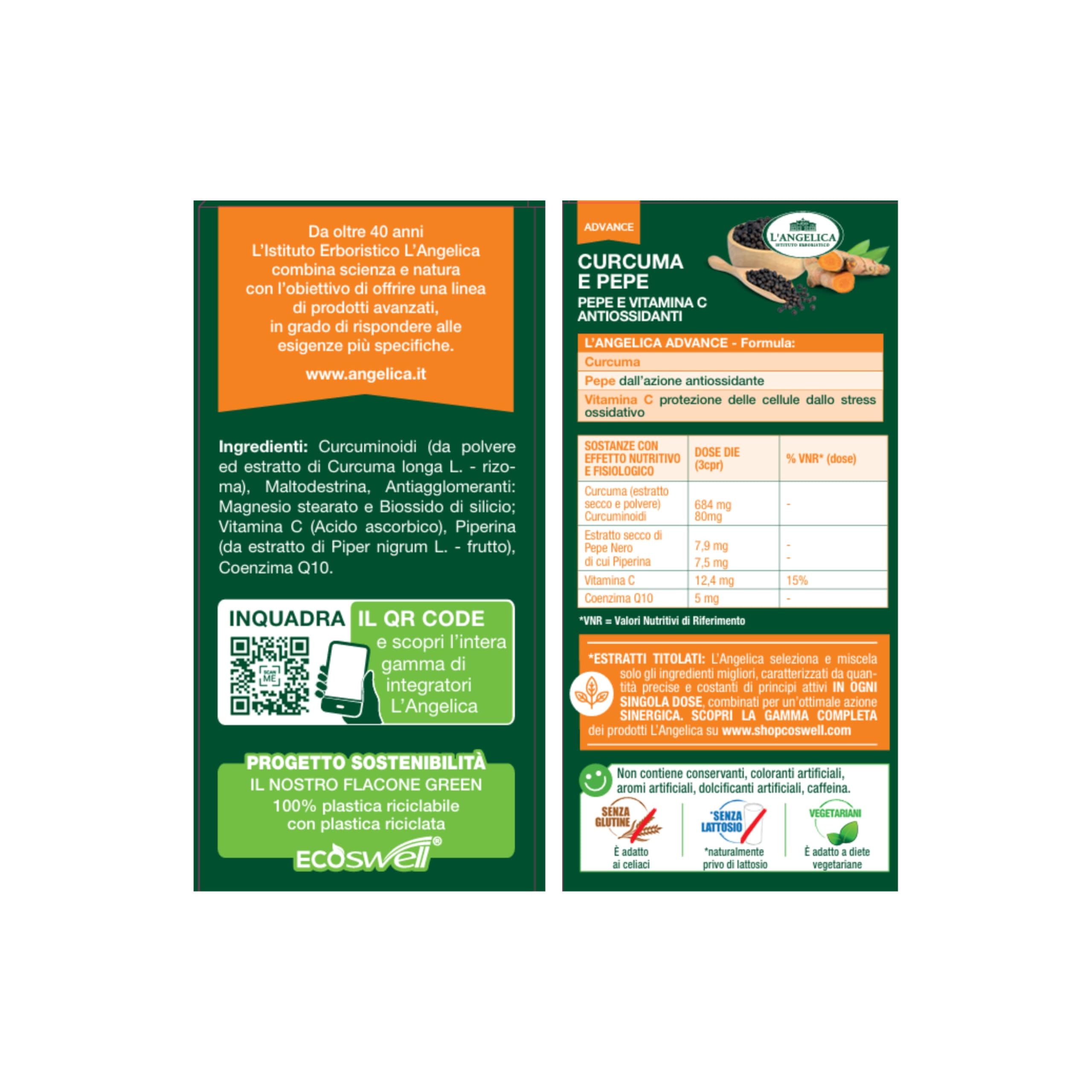 L'Angelica, Integratore in Compresse Curcuma e Pepe, Azione Antiossidante, Senza Lattosio, Senza Glutine, Formato: 75 Compresse