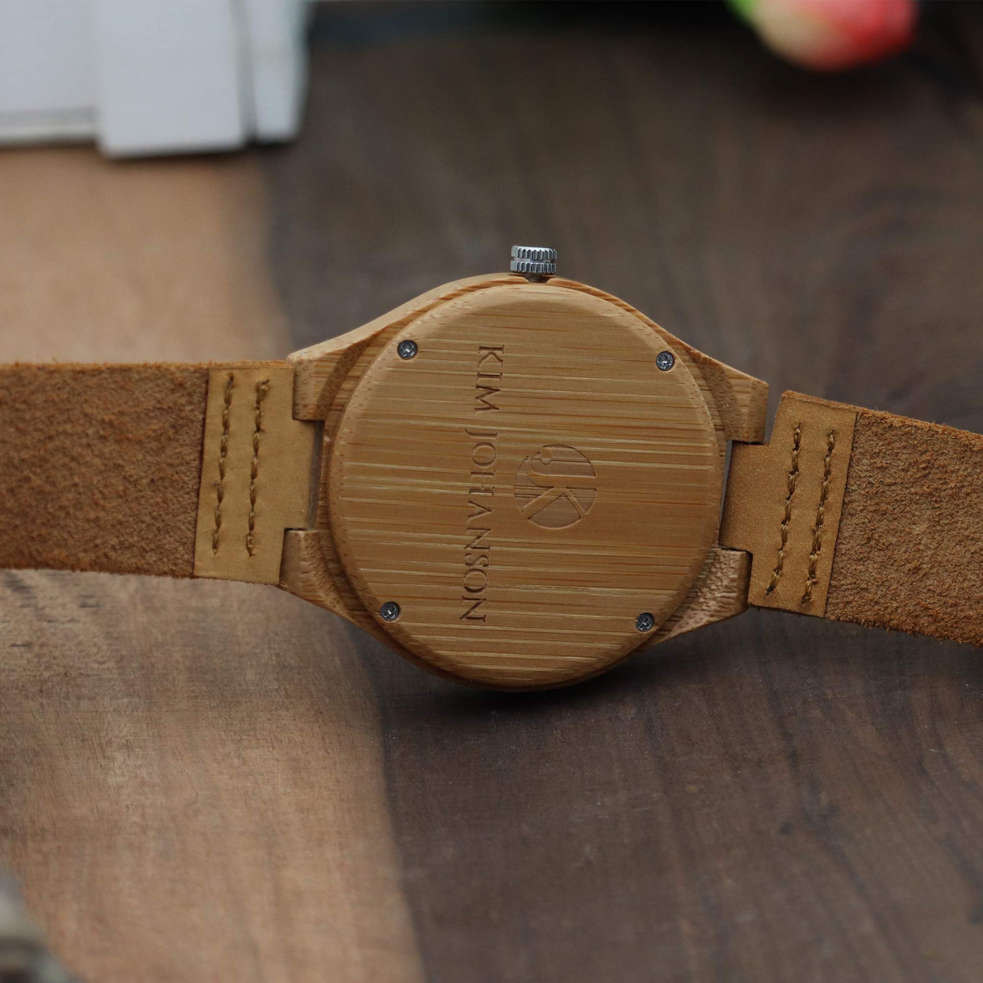 Kim Johanson Rewild - Orologio da polso da uomo, in legno di bambù, colore marrone, con vera pelle, realizzato a mano, analogico, al quarzo, con confezione regalo inclusa
