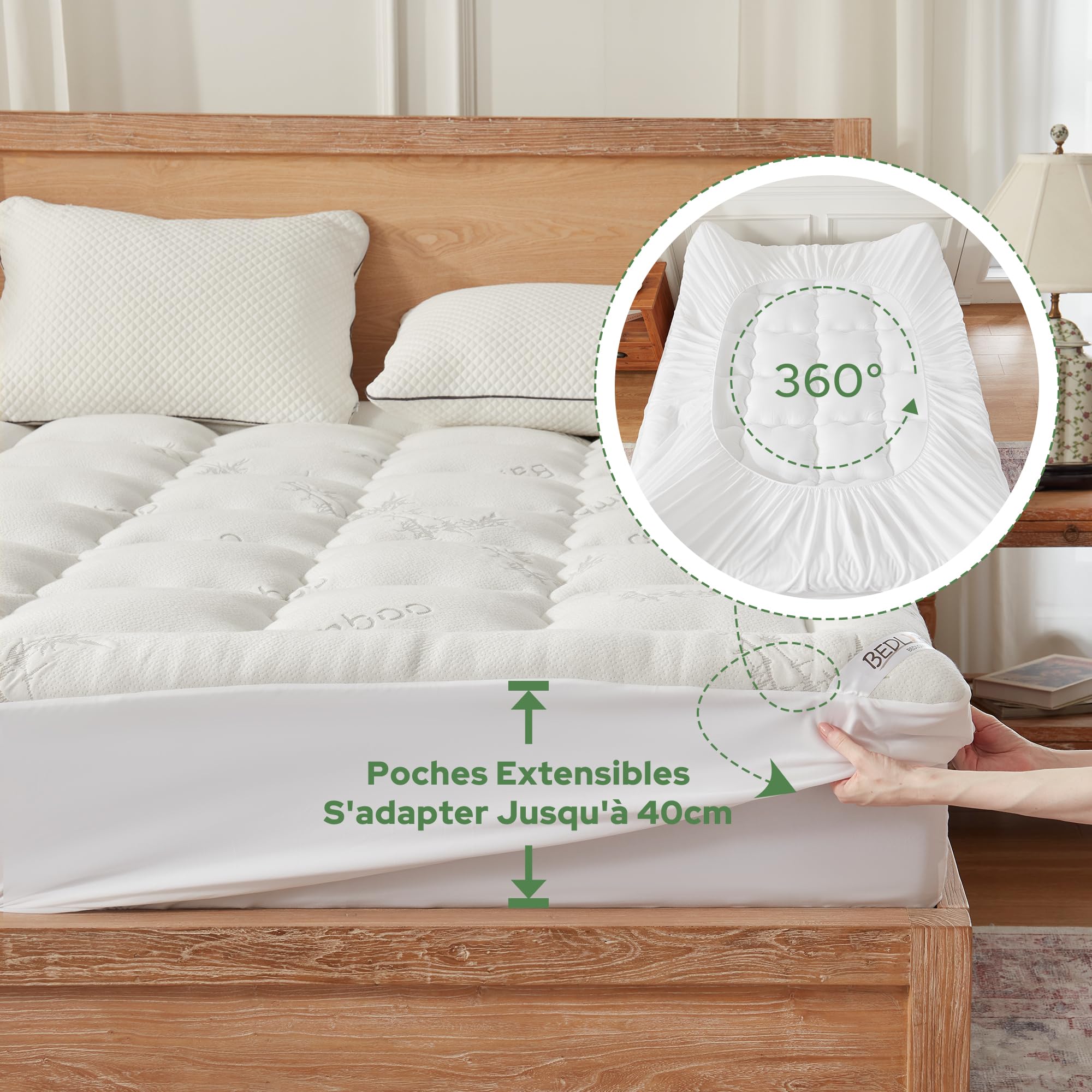 BEDLORE Surmatelas 160x200 cm Matelassé, sur Matelas 2 Personnes Rafraichissant en Viscose de Bambou Respirant, Grand Bonnet Extensible Jusqu’à 40 cm, Certifié Oeko-Tex, Blanc
