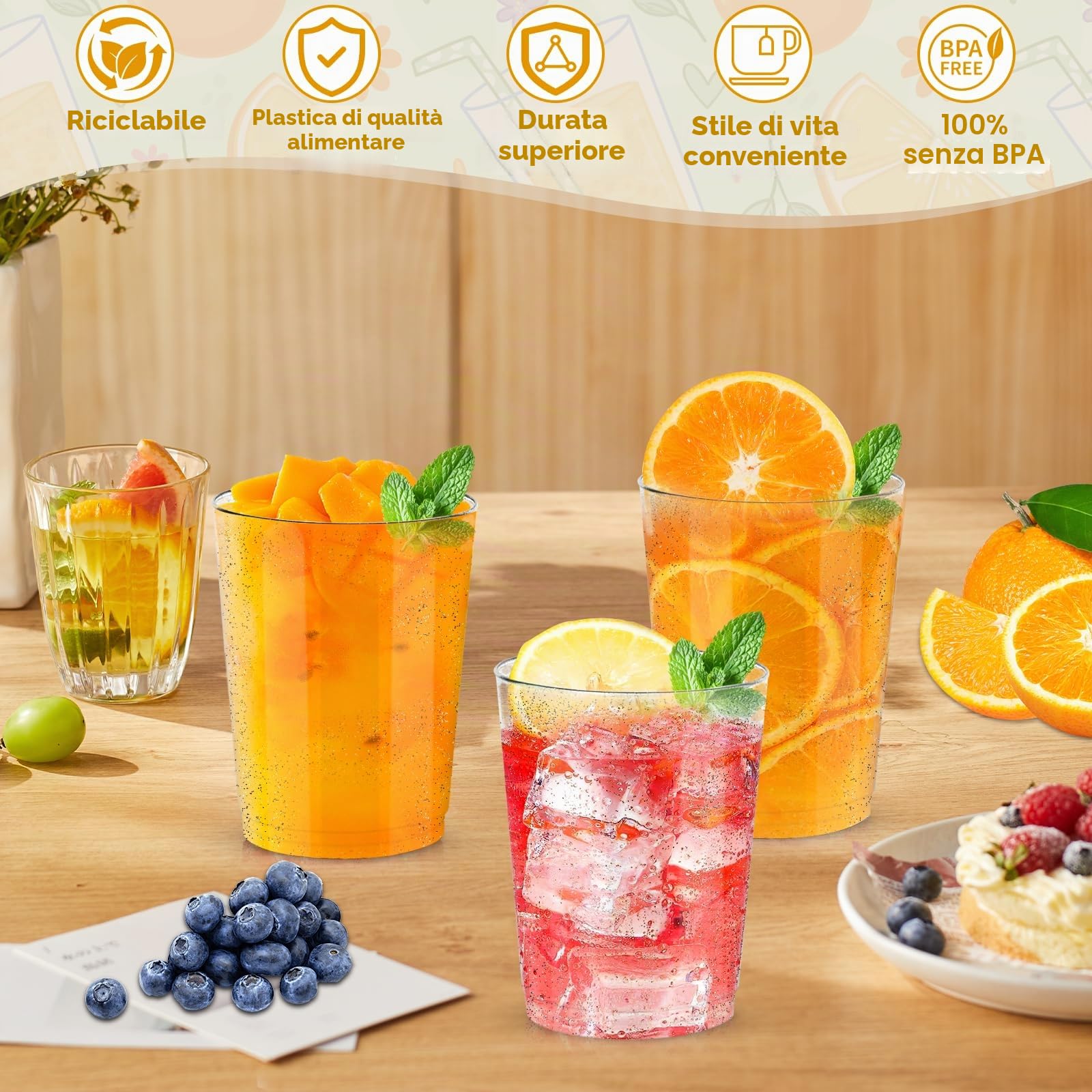 Confezione da 60 bicchieri di 'plastica', 300 ml, in plastica rigida, riutilizzabili, bicchieri da cocktail per beer e bevande, feste, compleanni, matrimoni, Natale, argentati
