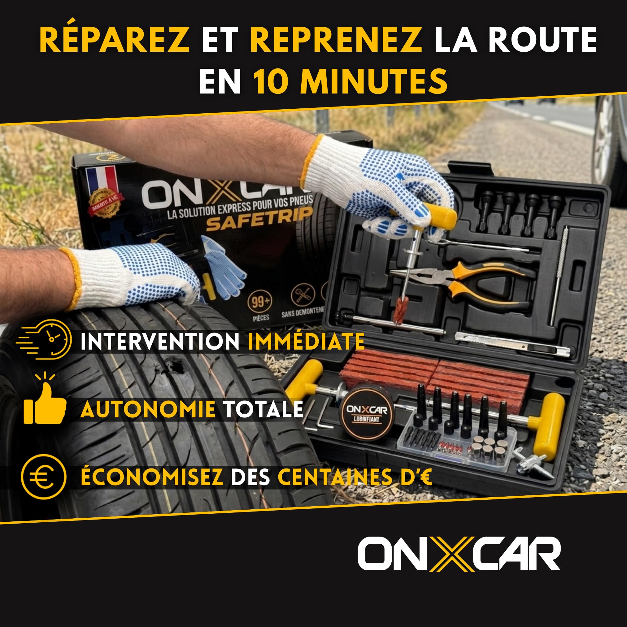 Kit Réparation Pneu Voiture avec Mèches Tubeless – Kit Anti Crevaison Voiture, Outil Tire Repair pour Réparer un Clou, Compatible Auto, SUV, Moto, Camping-Car