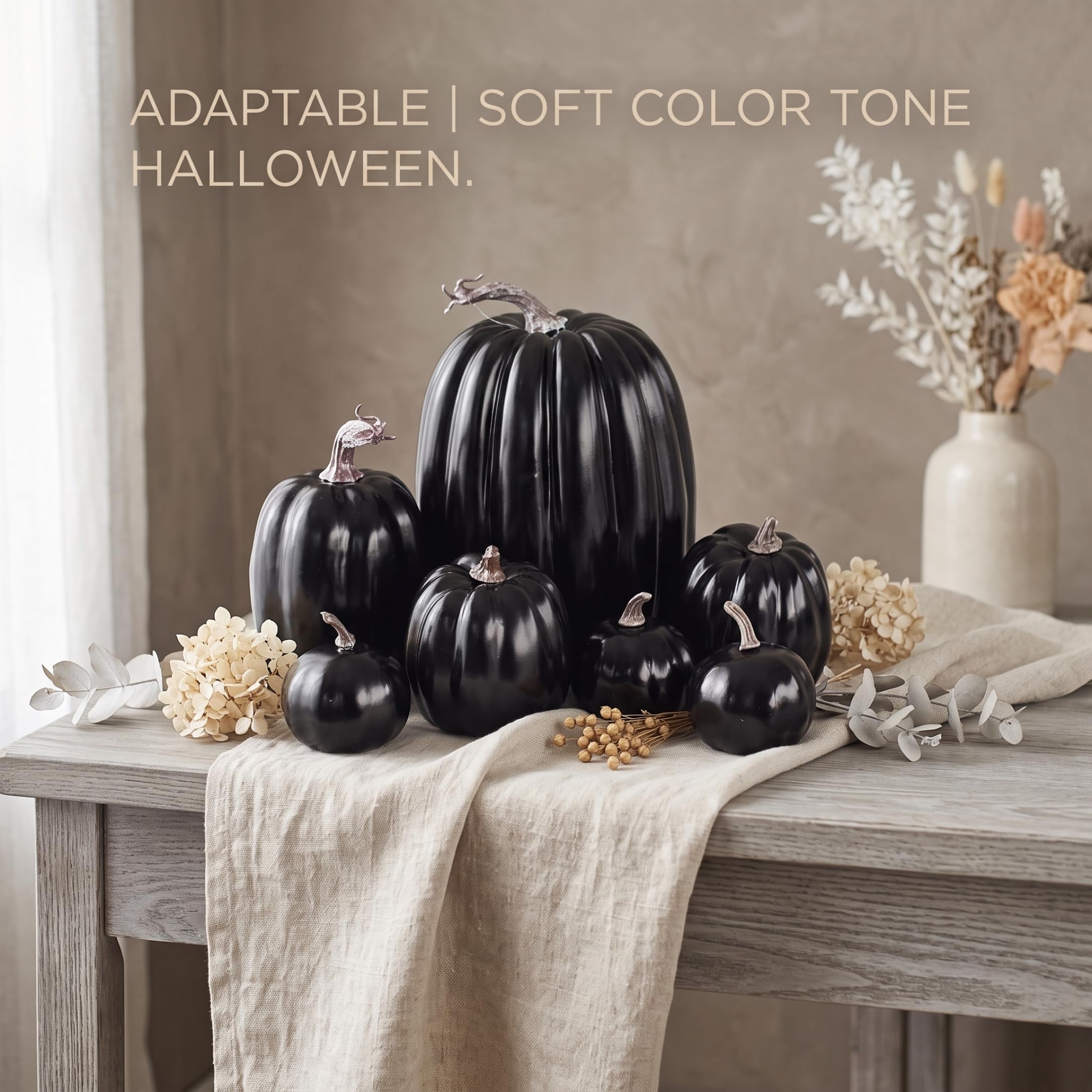 Set di zucche in schiuma da 7 pezzi, decorazioni di zucca di Halloween, zucche artificiali autunnali per decorazioni per interni ed esterni, nere