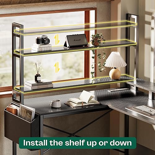 Miniatura 8 de Huuger Escritorio en forma de L para juegos con luces LED y tomas de corriente, escritorio de computadora con estantes de almacenamiento, escritorio