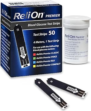 Blood Glucose Test Strips | 50 Count | Diabetic Supplies for Glucose Monitor | Accurate Blood Glucose Monitoring | Tiras para Medir la Glucosa | Compatible with ReliOn Premier Meters