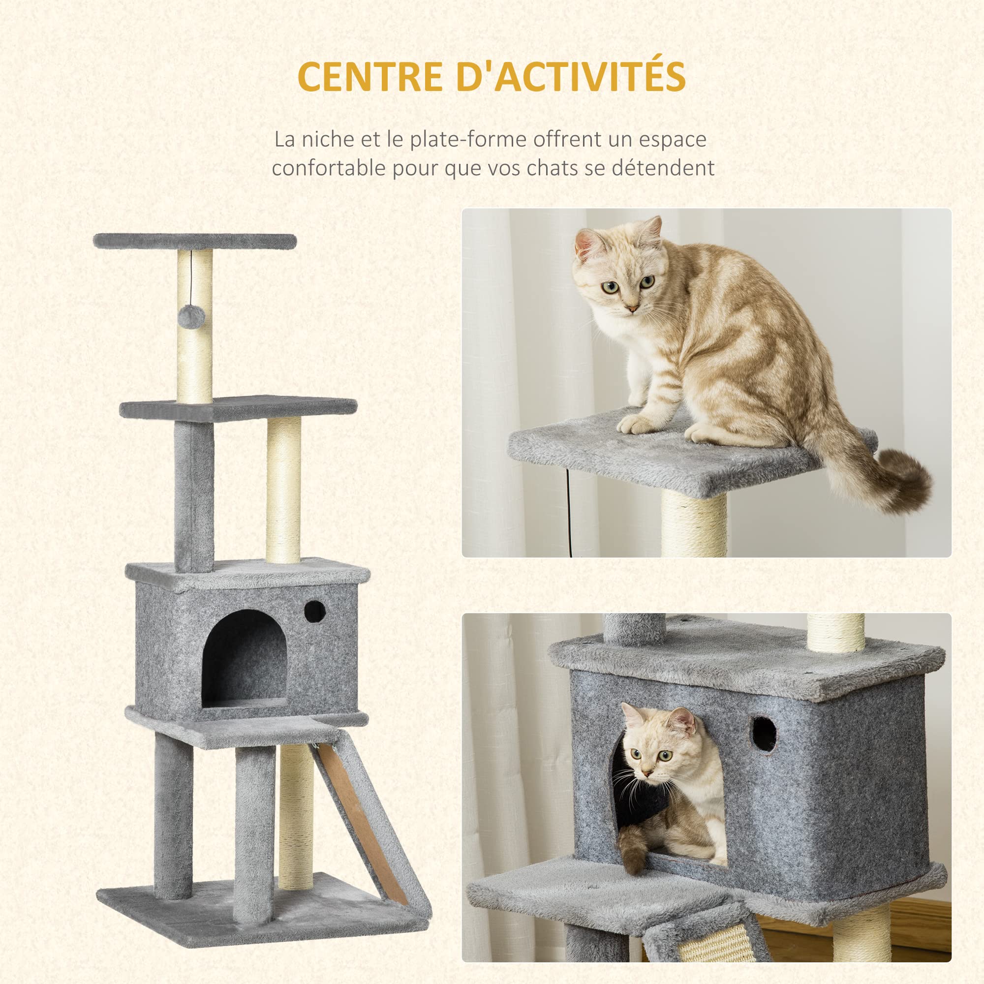 PawHut Arbre à Chat Griffoir Grattoir Tour de Jeu avec Niche 125 cm Gris | Plate-Formes, Balle Suspendue