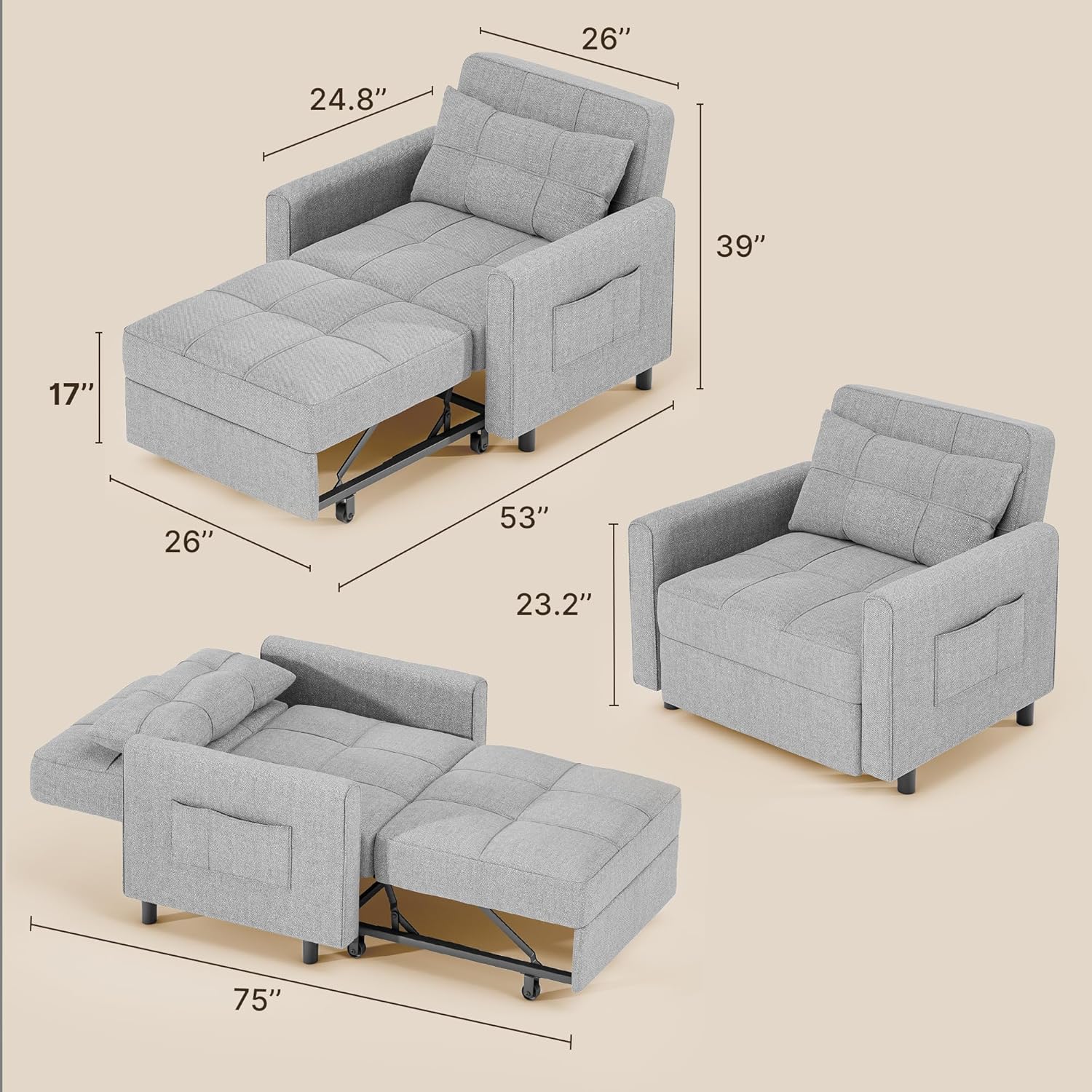 Gizoon Sofa Bed Chair 3 in 1 Convertible, Pullout Single Sleeper Chair Bed with Adjustable Backrest, Spacious Multifunctional Sofa Couches for Living Room, Bedroom, Apartment 1 81h2AMk8XYL. AC SL1500