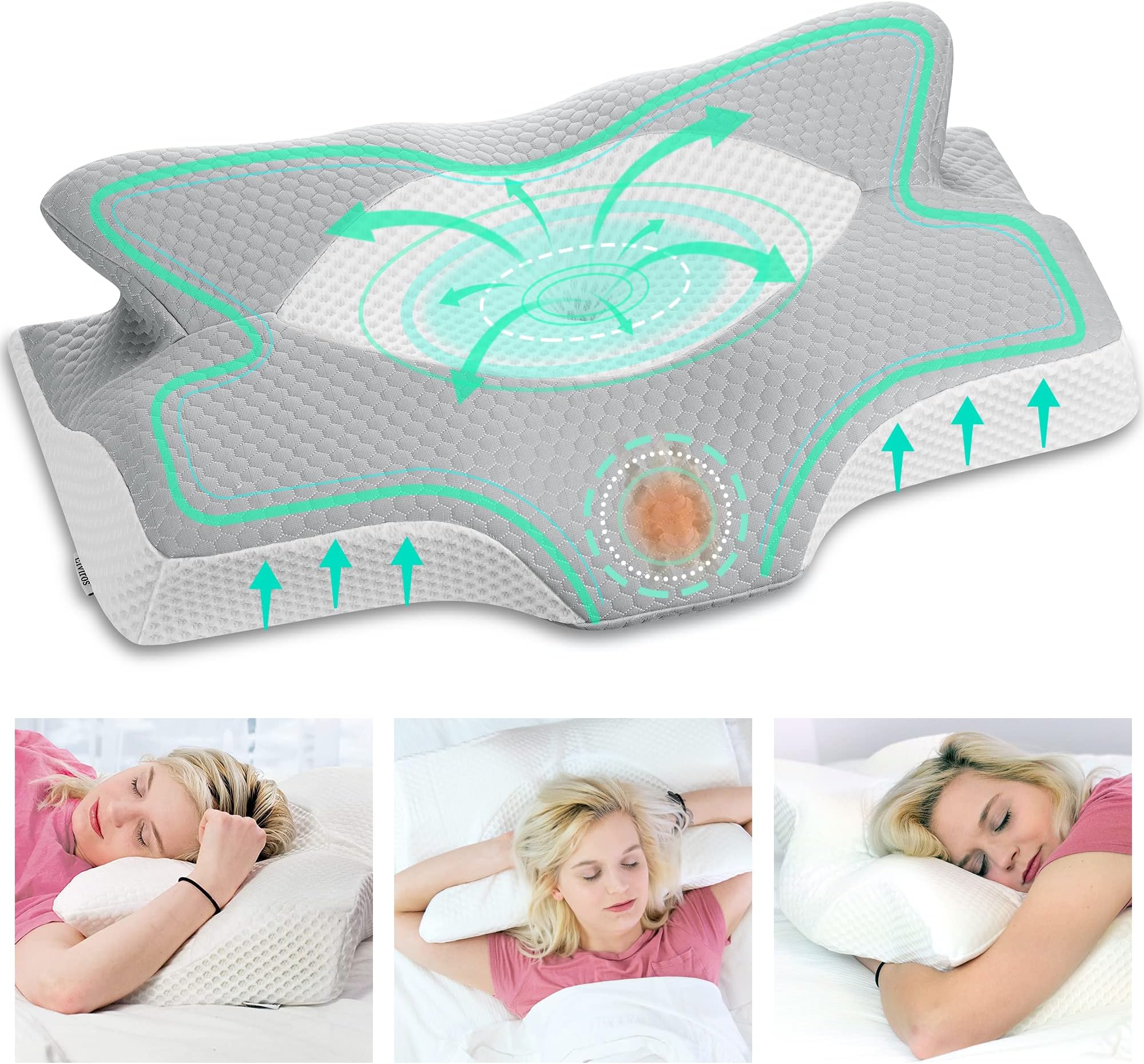 Elviros Cervical Memory Foam Pillow, Contour Pillows for Neck and Shoulder Pain, Ergonomic Orthopedic Sleeping Contoured Support Pillow Side, Back Stomach Sleepers (Sliver Grey-L&Soft)