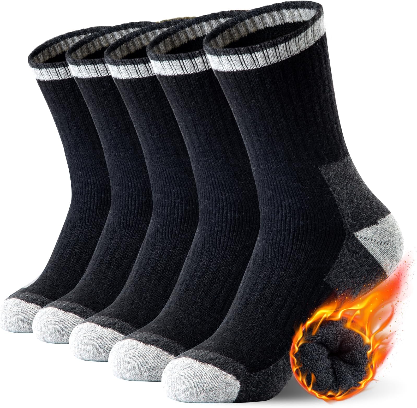Merino Wool Hiking Socks for Men - 5 Pairs Thick, Warm, Thermal Winter Crew Socks for Cold Weather