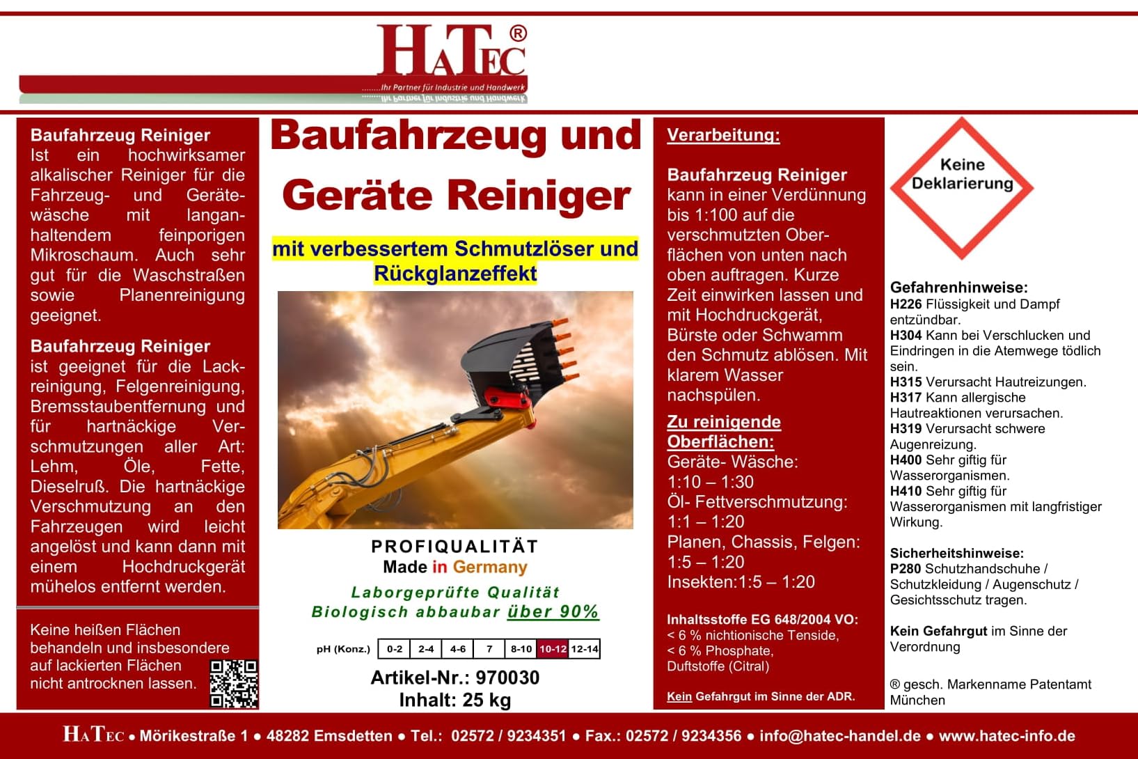 Baufahrzeug- und Geräte Reiniger 25kg, Baggerreiniger, Radladerreiniger, Staplerreiniger, Fahrzeugreiniger, Gerätereiniger, über 90% biologisch abbaubar, sehr Ölabscheiderfreundlich.
