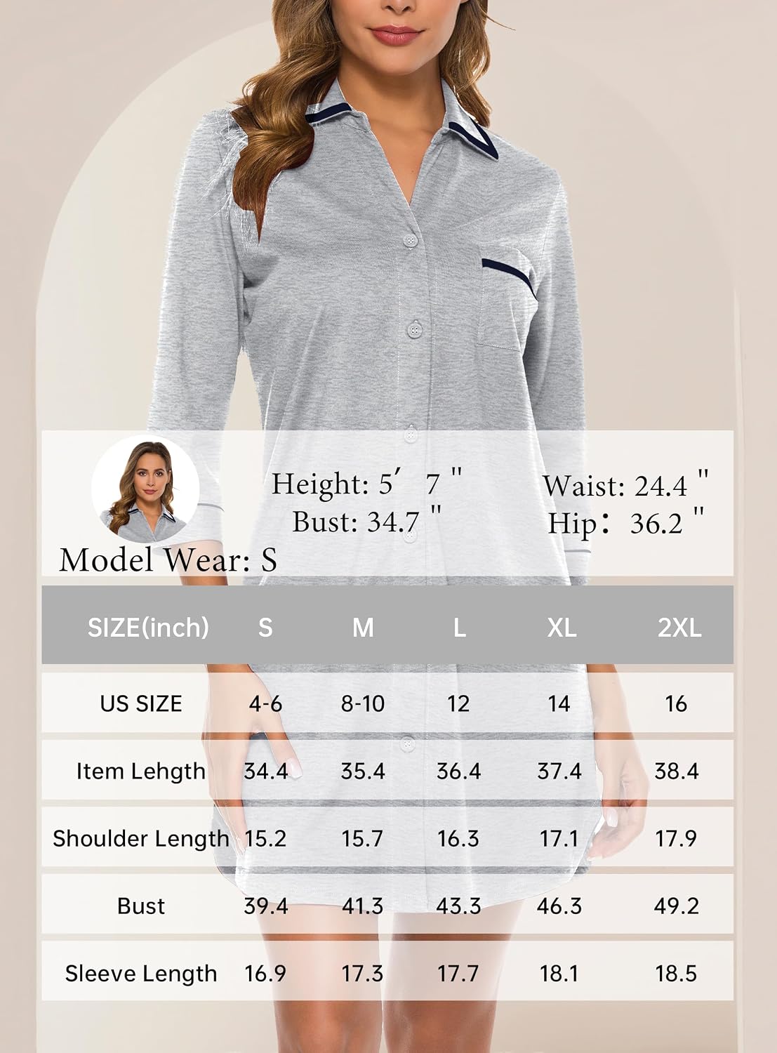 EA'S SECRET 100% Cotton Nightgowns for Women 3/4 Sleeve Button Down Nightshirts Soft V-Neck Knee Length Sleepwear With Pocket