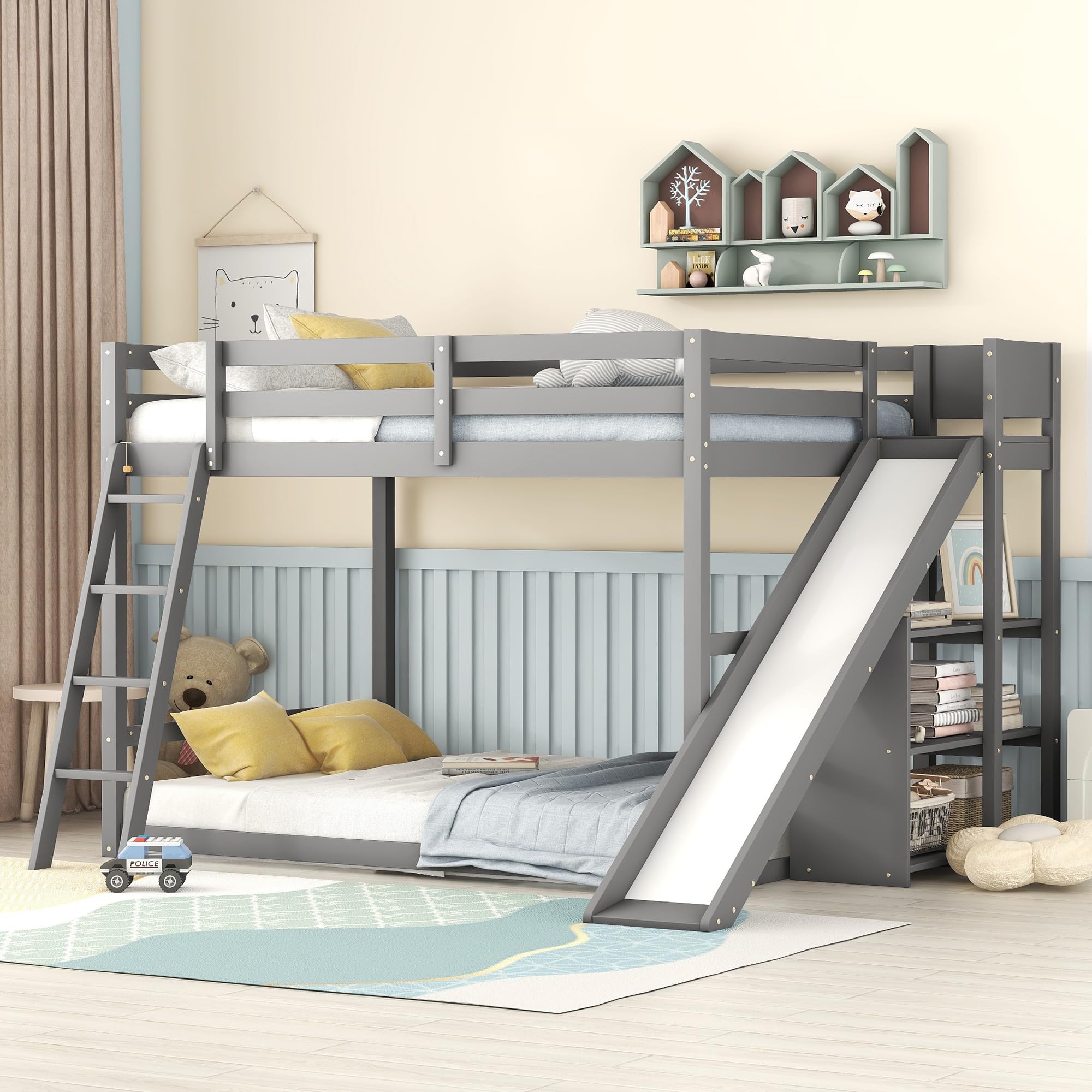 SOFTSEA Wood Bunk Bed Frame with Shelves, Full Over Full Bed Frame with Ladder and Slide, Wood Bed with Guardrail for Boys Girls, No Box Spring Needed