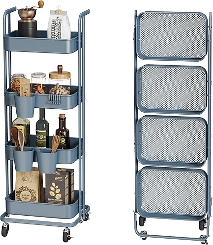 Miniatura 7 de DTK Carrito plegable de 3 niveles, carrito utilitario de metal con ruedas bloqueables, carrito de almacenamiento plegable para sala de estar,