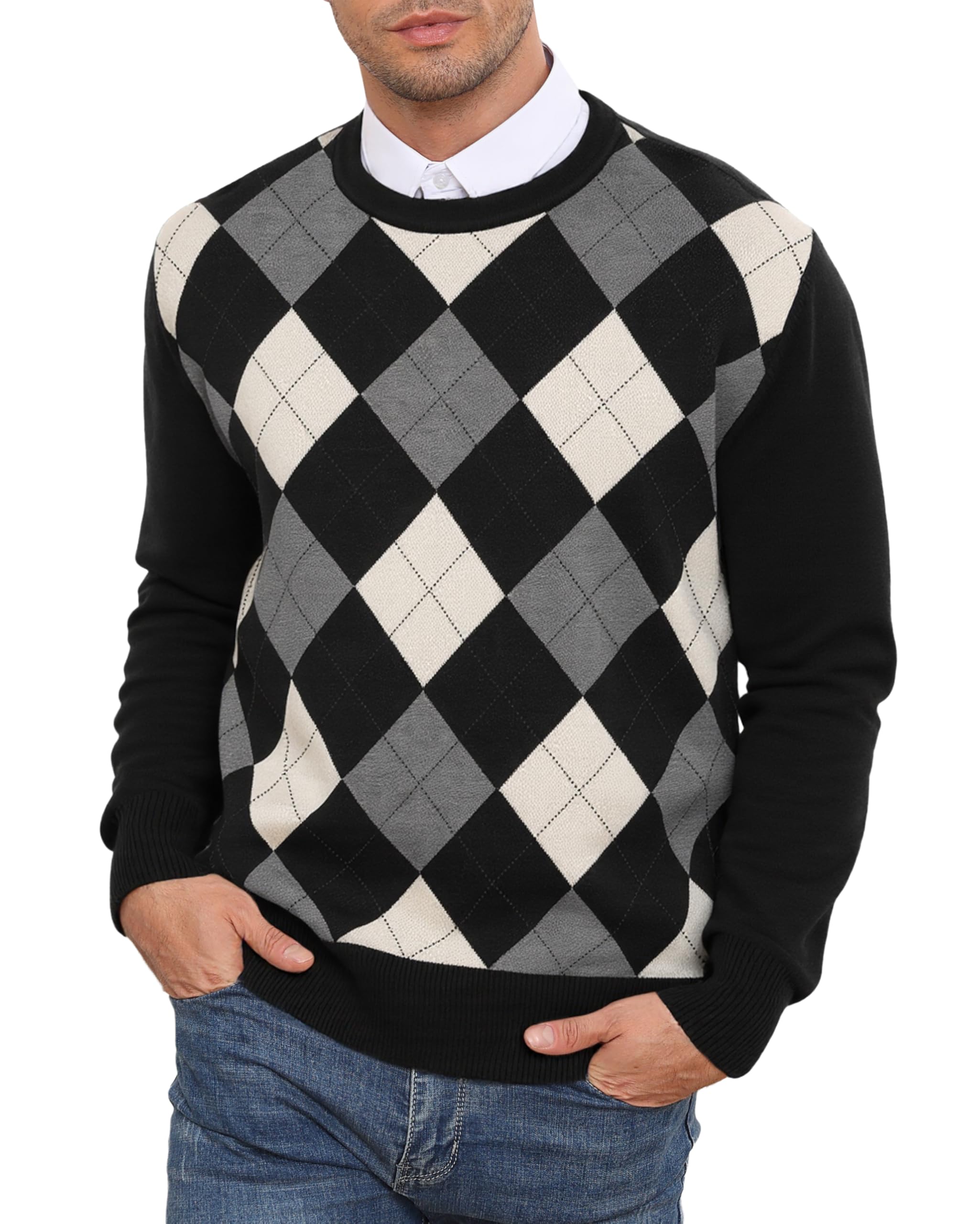 RQP Men's Crewneck Sweater Slim Fit Argyle Pattern Long Sleeve Knit Pullover Sweater for Casual Or Dressy Wear