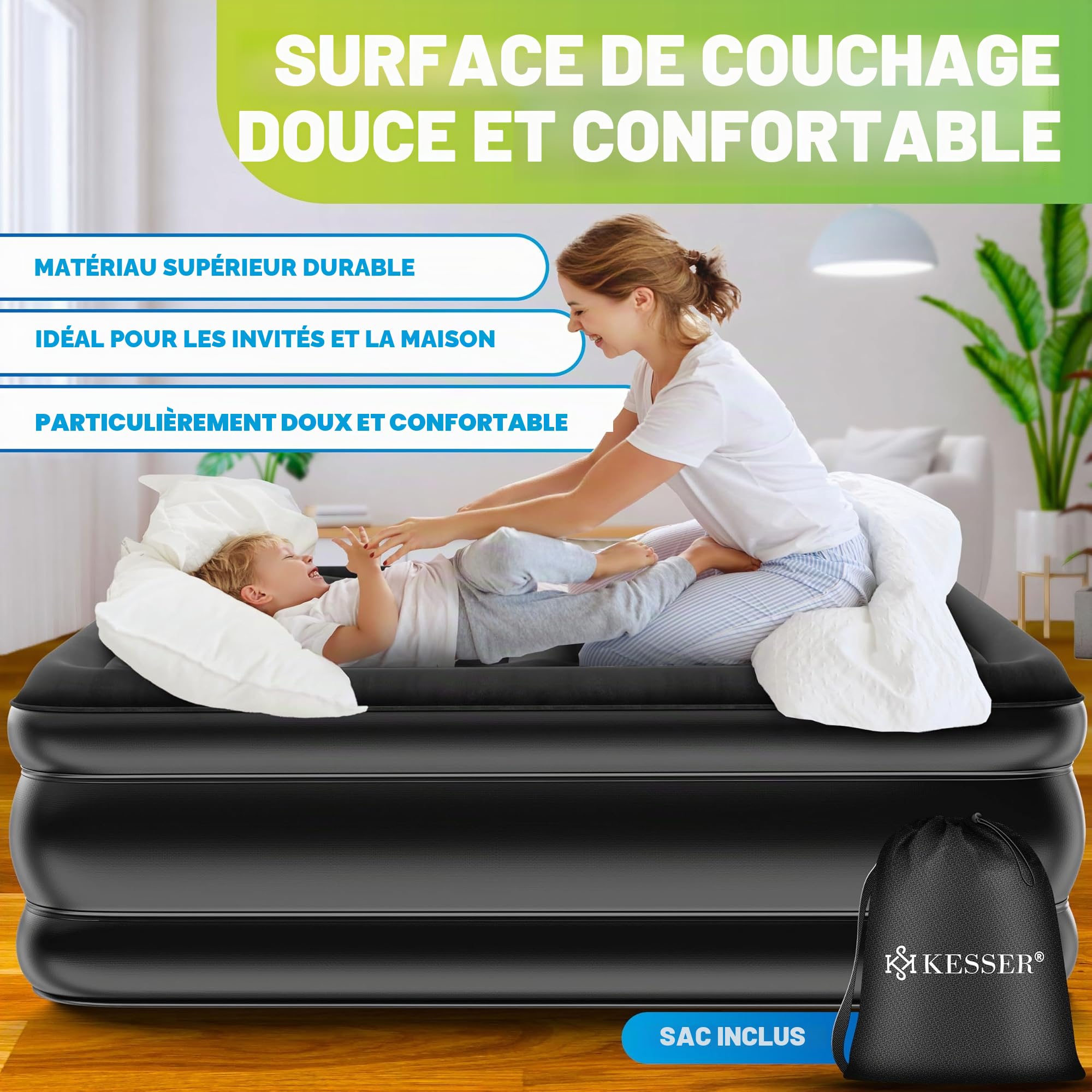 KESSER Matelas Gonflable Lit Gonflable Lit d'appoint autogonflant avec Pompe électrique intégrée, Matelas pneumatique pour Le Camping ou Un Usage Domestique avec Sac, 2 Personnes, 203 x 152,5 x 51 cm