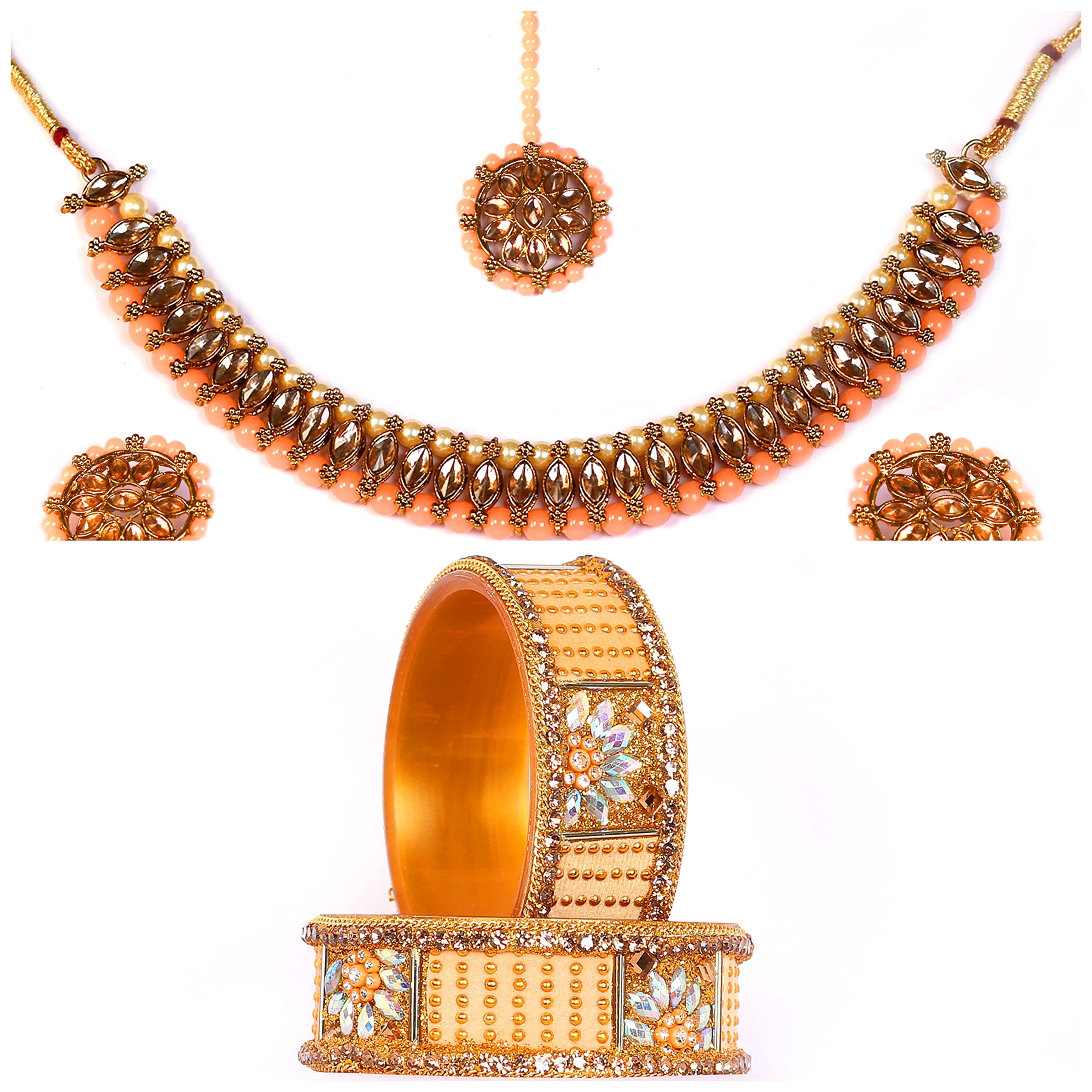Orange Colour Necklace Set with Golden Acrylic Kada Set