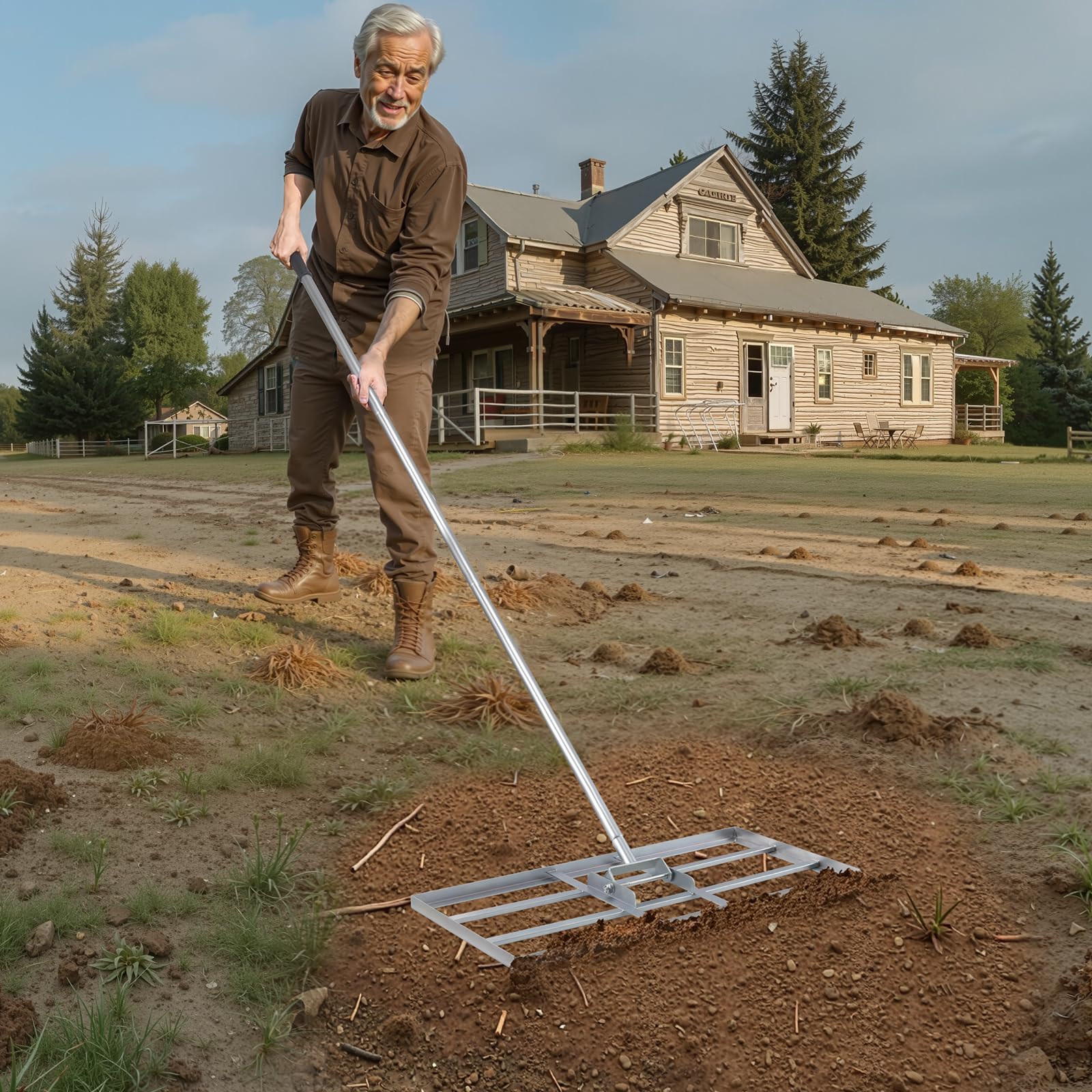 VEVOR Râteau de Nivellement de Pelouse, 762 x 355 x 2190 mm, Niveleur de Gazon, Manche 1981 mm, en Acier au Carbone Résistant à la Rouille, Outil de Nivellement pour Cour, Terrain de Golf, Jardin