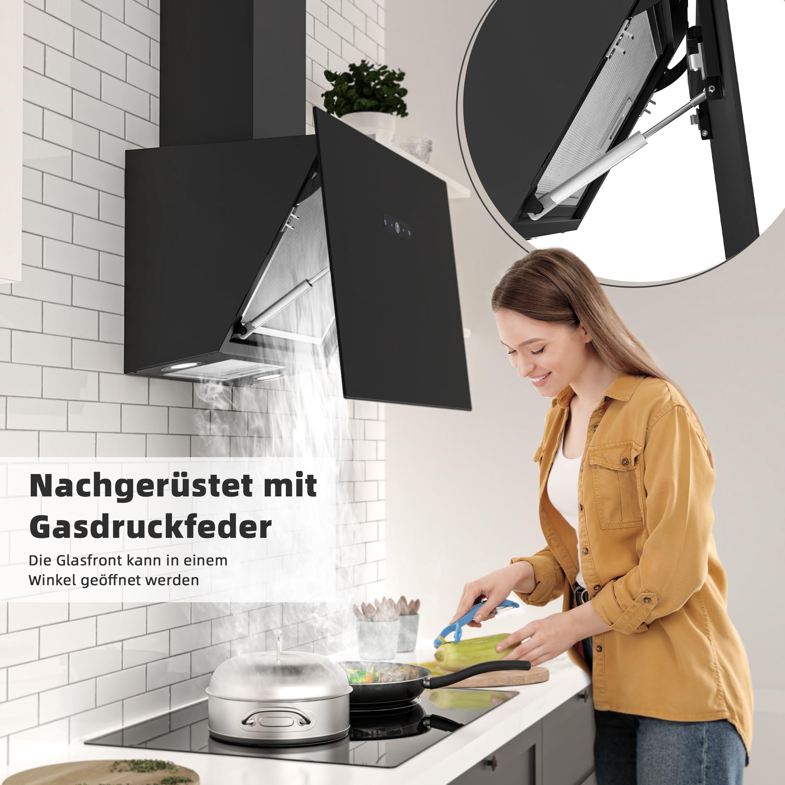 FIREGAS Dunstabzugshaube 60 cm Bürstenloser Motor Schwarz Glas 571m³/h TouchControl 9 Stufen Umluft Abluft