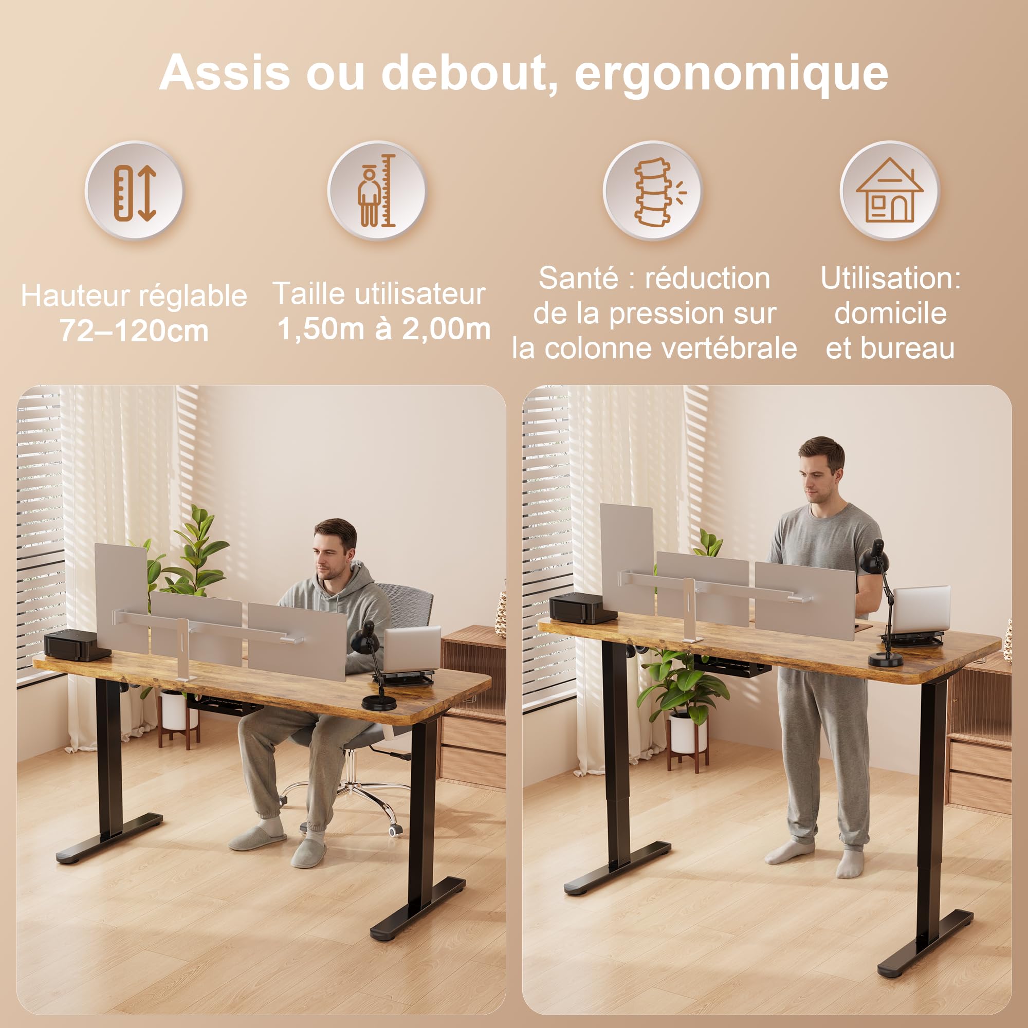 Homall Cadre de Bureau Assis Debout réglable électrique à 2 Moteurs, piètement de Table Qui Monte et Qui descend. Panneau de Contrôle à Fonctions Mémoires, capacité de Charge de 120 kg (Noir)