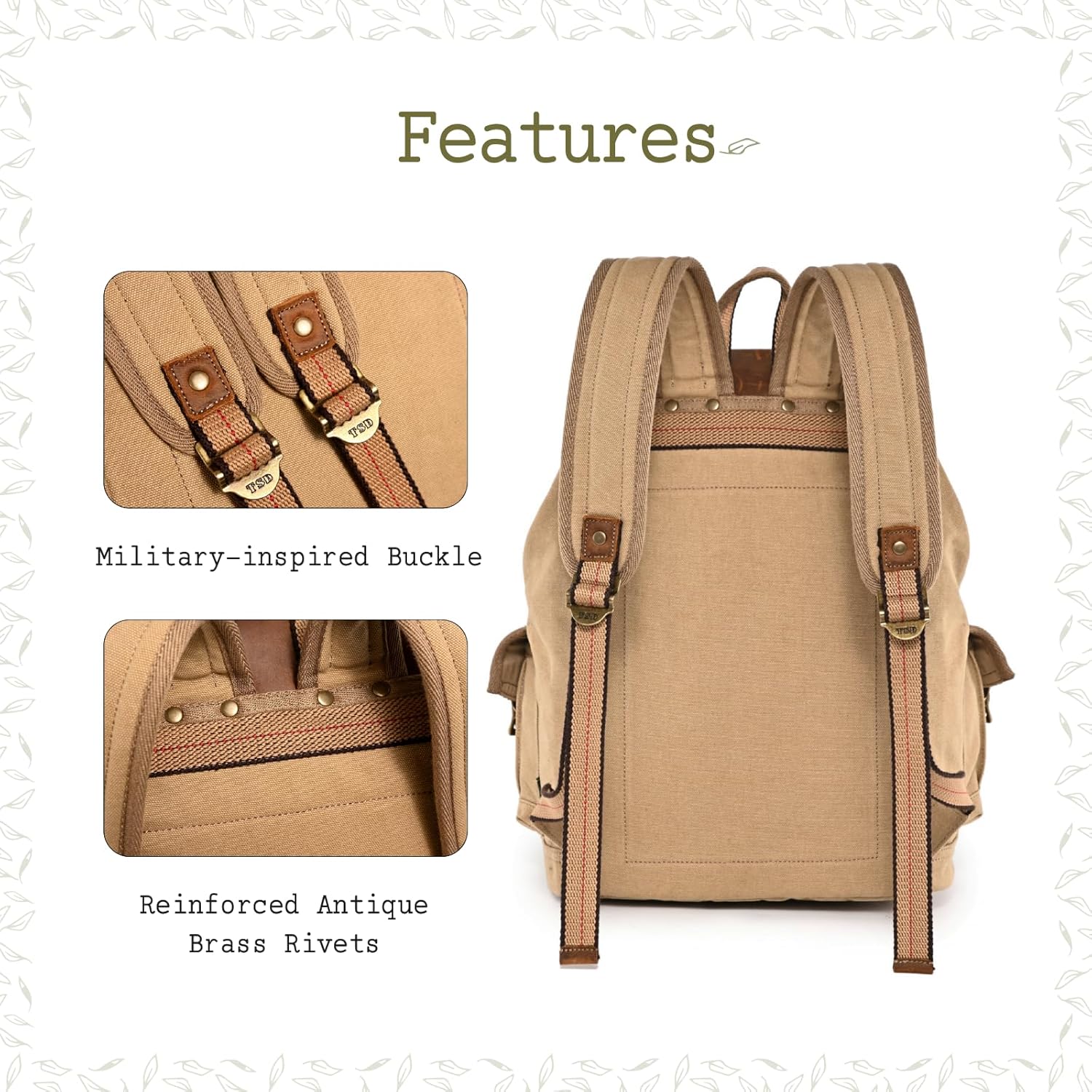 The Same Direction TSD Brand Turtle Ridge Backpack | Modern Vintage Design, Cotton Canvas with Genuine Leather Accents (Brown)