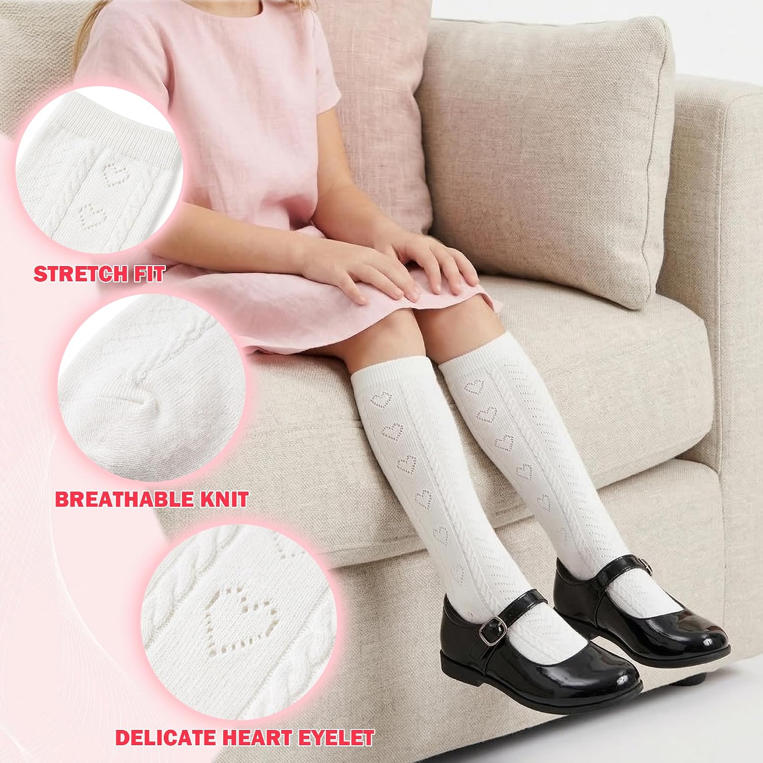 Girls Cable Knit Knee High Socks 2-Pair (Pink & White), Uniform & Dress Socks for Toddler, Little Kid, Big Kid