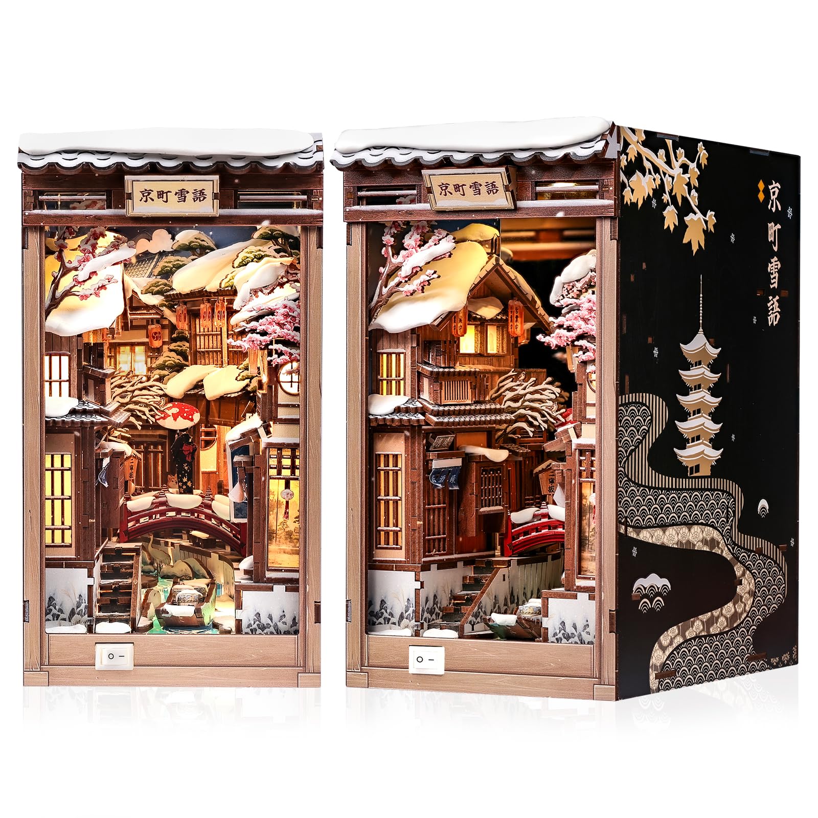 CUTEBEE Book Nook Kit - Japanischer Stil DIY Miniatur-Winterhaus, LED-beleuchtetes Buchregal-Deko Gassen-Modell für Erwachsene und Jugendliche, Geschenk für die Familie (Kyoto Snow Whisper)