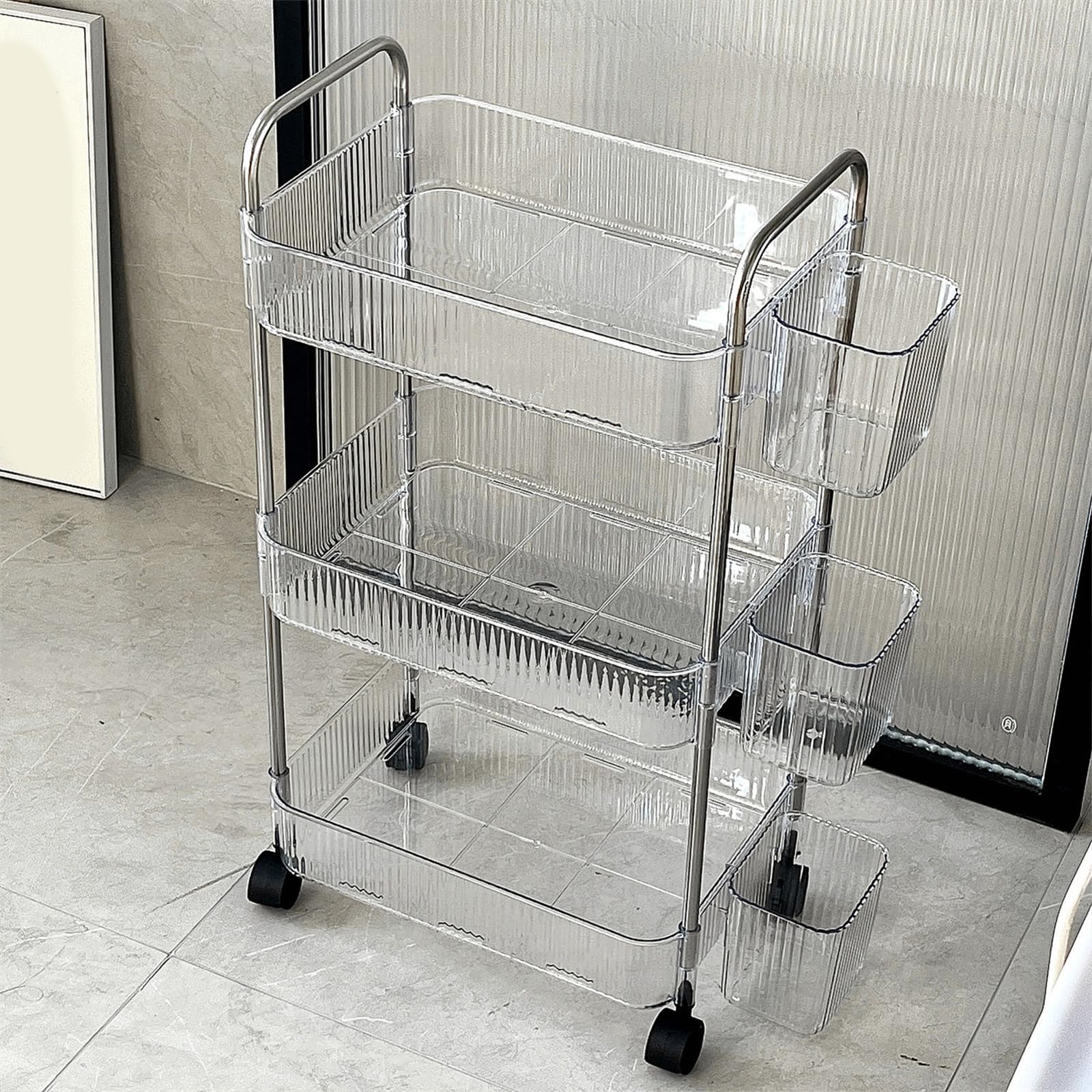Chariot de rangement multifonction transparent avec lisse pour produits de soins de la peau, maison, bureau chariot de rangement transparent avec