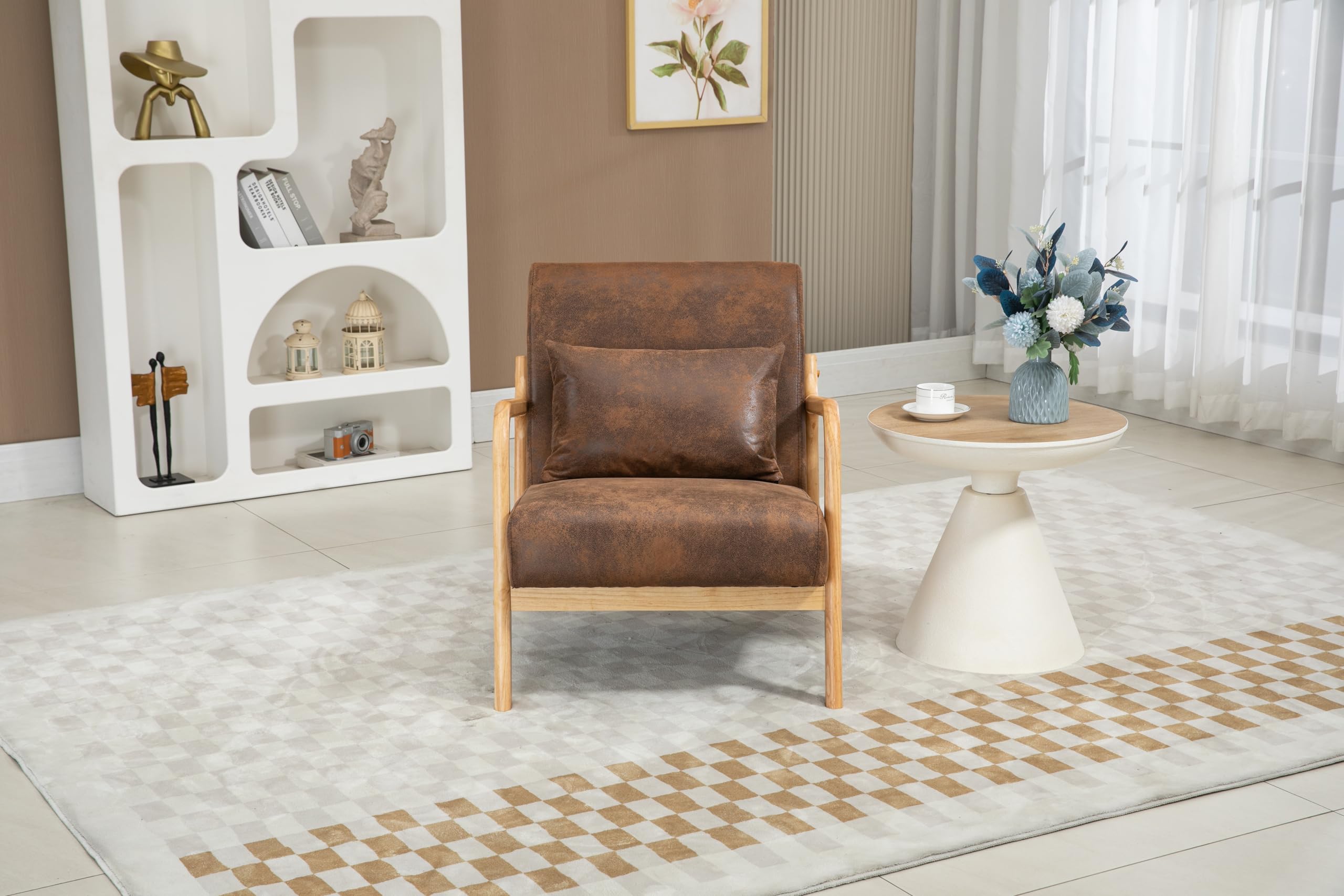 Mid-Century Accent Chair with Solid Wood Frame, Reading Relaxing Armchair Lumbar Pillow& Soft Cushion, Leisure Chair for Living Room, Bedroom, Waiting Room