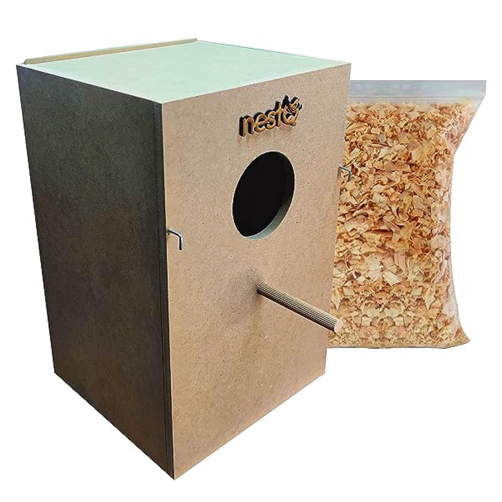 nestQ Nido para Ninfas 30 x 21,5 x 20,5 cm Talla M - Casita de Cría de Madera con Viruta - Nido Grande Ninfas, Carolinas, Cacatúas, Pyrrhuras - Casa de Madera para Aves - Nido de Madera Vertical