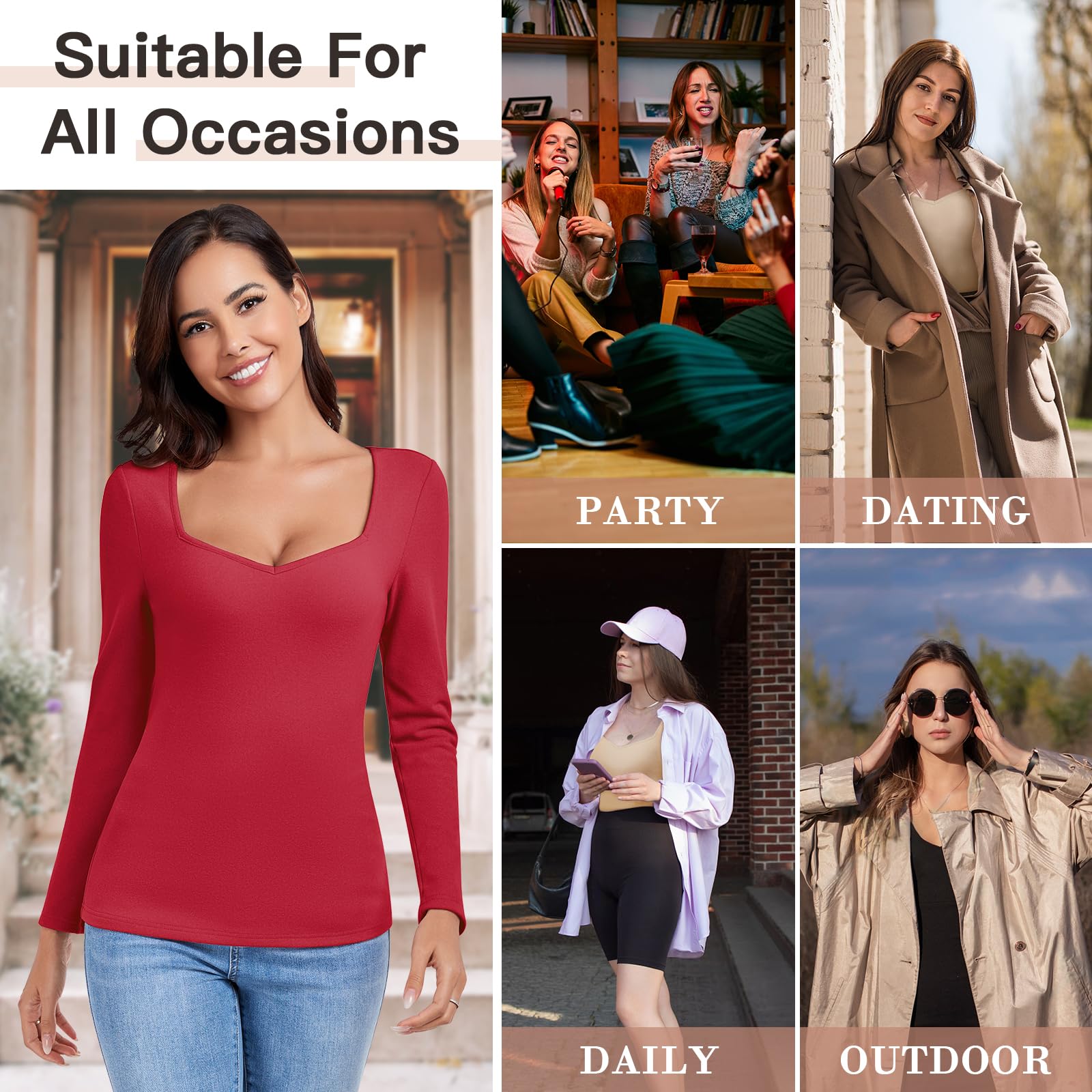 WOWENY Maglia Termica da Donna in Pile, a Maniche Lunghe con Scollo a Sweetheart, Elegante Camicia Termica a Maniche Lunghe a 3/4, Calda, Comoda, per l'inverno