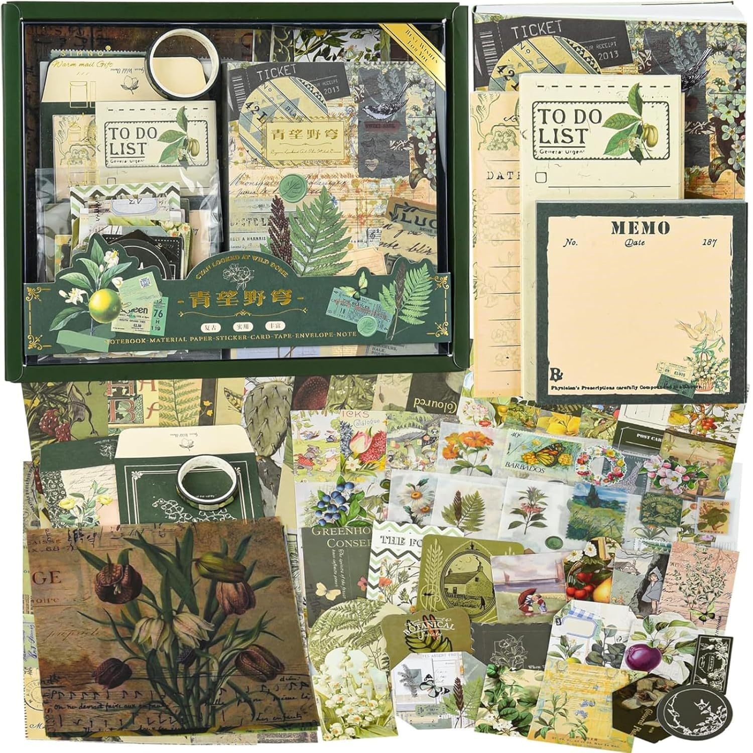 VIBE VISTA Vintage Scrapbook Kit - 346 Pcs A6 Grid Notebook, Washi, Envelopes, Papers, Folding Labels, Background Papers, Photo Frames, Calendar Stickers - Cyan Looked At Wild Dome, Green