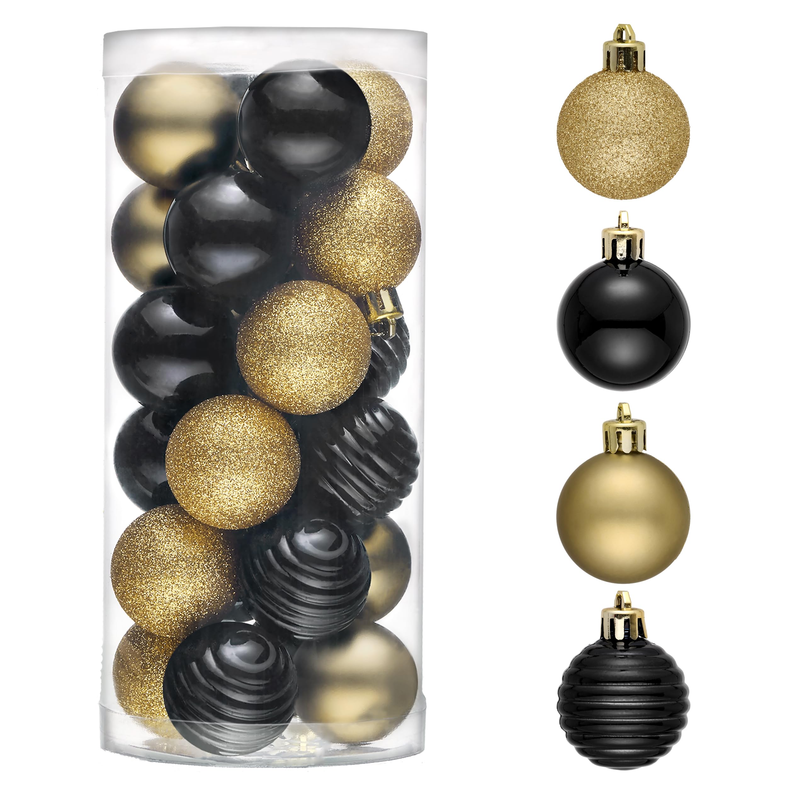 Valery Madelyn 1.57 Inches Small Christmas Tree Decorations Ornament Set, 24ct Black and Gold Shatterproof Hanging Ball Ornaments Holiday Party Decor