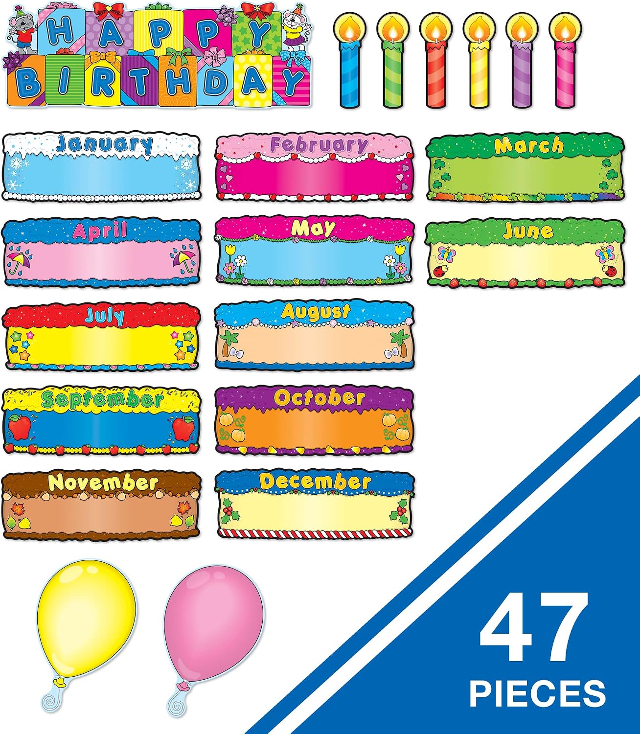 Birthday Cakes Bulletin Board Set, Carson Dellosa Classroom Decorations, 47 Pieces