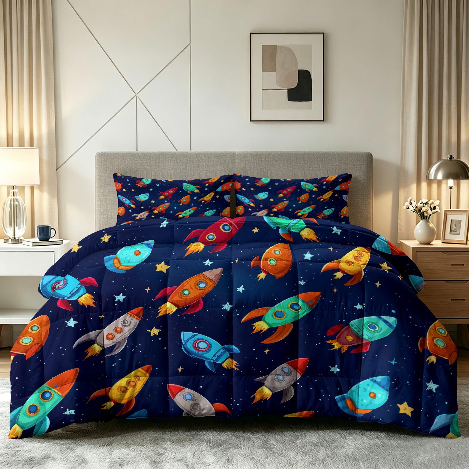 Generisch Trapunta divertente con cartoni animati, senza rivestimento, 135 x 200 cm, motivo astronave spaziale e stelle, 4 stagioni, reversibile, morbida e soffice, per tutte le stagioni, lavabile
