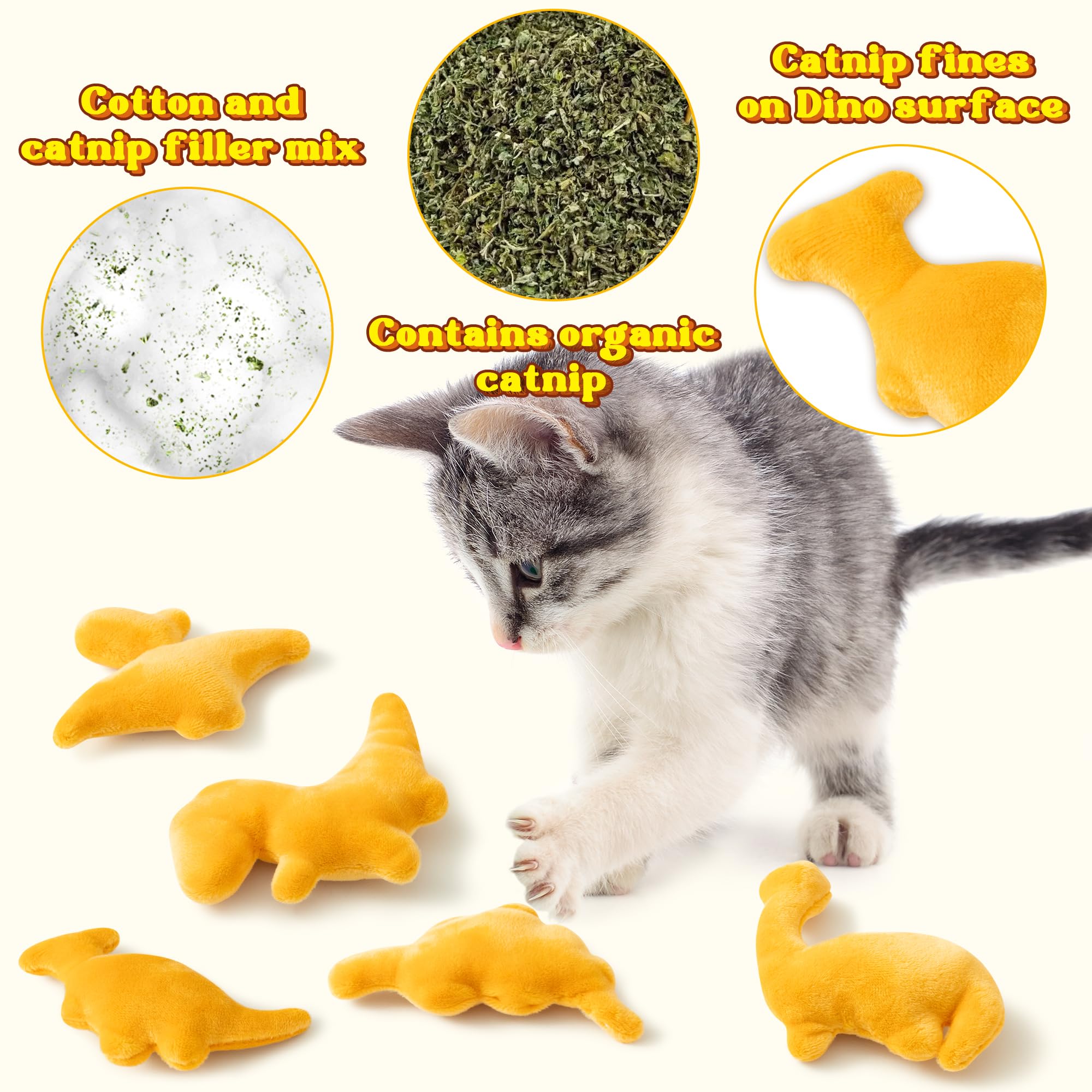 MALLMALL6 5 piezas de pepitas de dinosaurio, juguetes de hierba gatera, regalo para gatos, para interiores, para masticar, patada, dinosaurio dorado, juguetes para mascotas para amantes de los gatos,