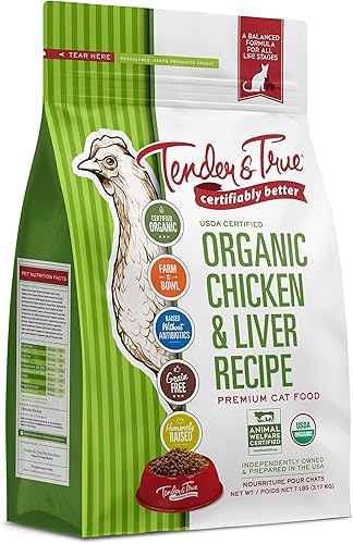 Tender & True Alimento orgánico para gatos con receta de pollo e hígado, 7 libras