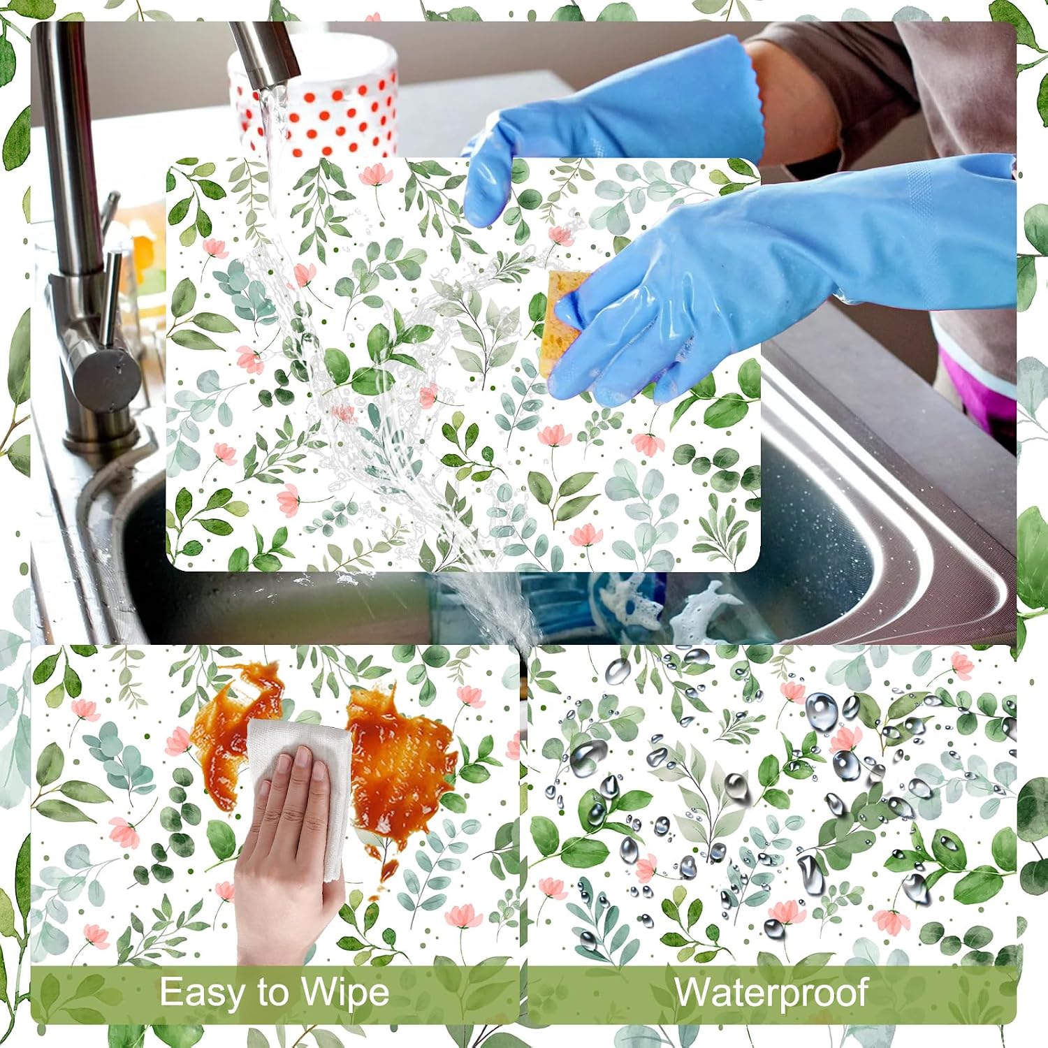 Tarklanda Floral Leaves Plastic Placemats Set of 6, Wipeable Floral Vinyl Table Mats Decorative Spring Summer Wildflower Placemat for Kitchen Dining Wedding Indoor Outdoor Party, 11x15.7 Inch