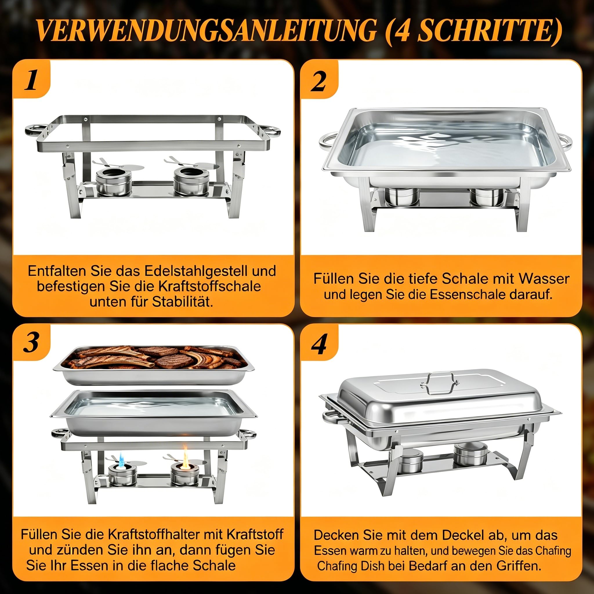 Chafing Dishes für Buffet 9 QT 4er Pack 7 Behälter, [Behälter in verschiedenen Größen] Catering-Chafing-Dish mit Deckeln, Behältern und Brennstoffhaltern – Buffet-Wärmer [Robust und langlebig] für Par