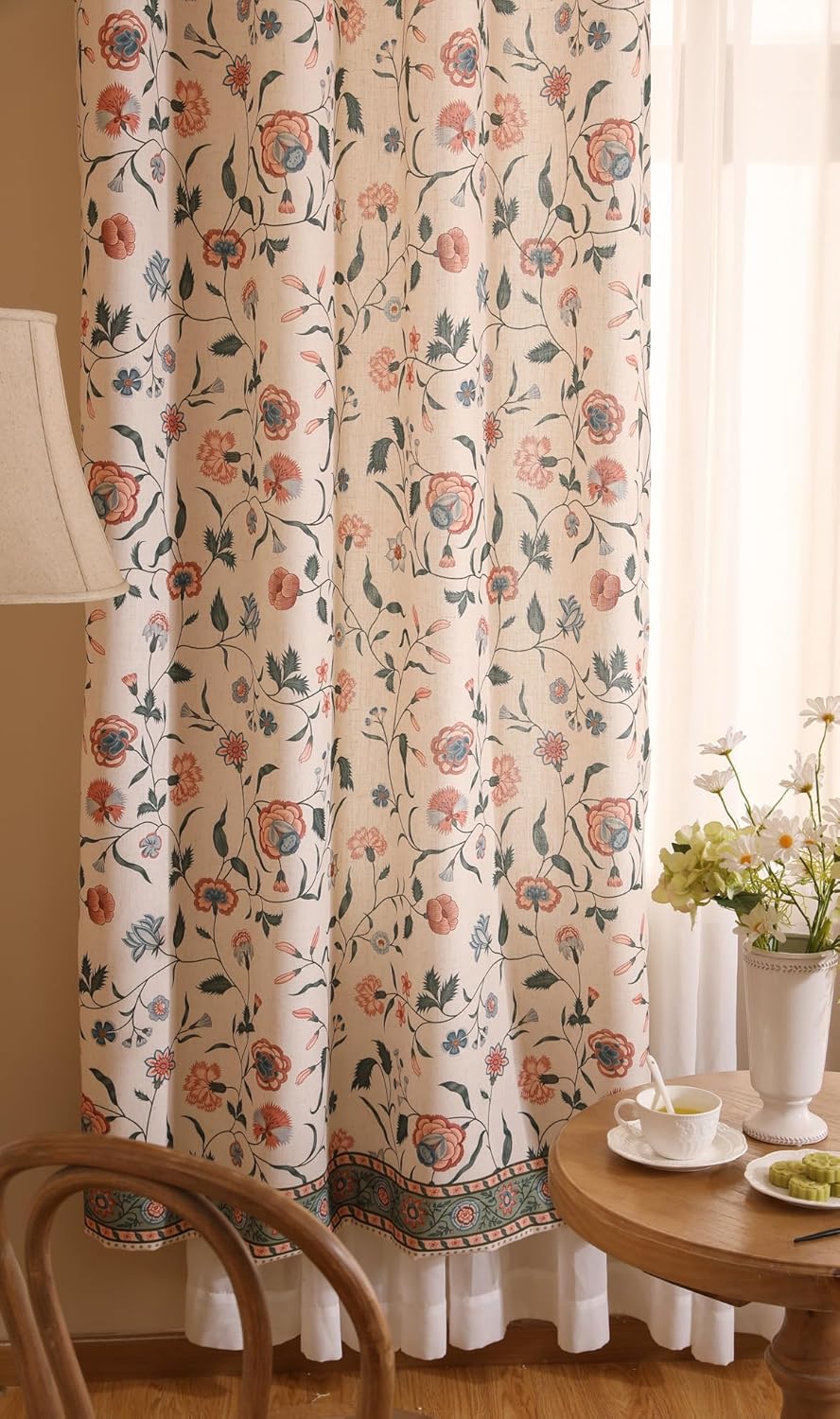 ISAENNE French Linen Semi Blackout Curtains with Grommets,Pink Floral Western Decor Curtain for Kitchen Bedroom Living Room Dining Room Window,2 Panels 53 Inches Wide by 94 Inches Long -Daffy