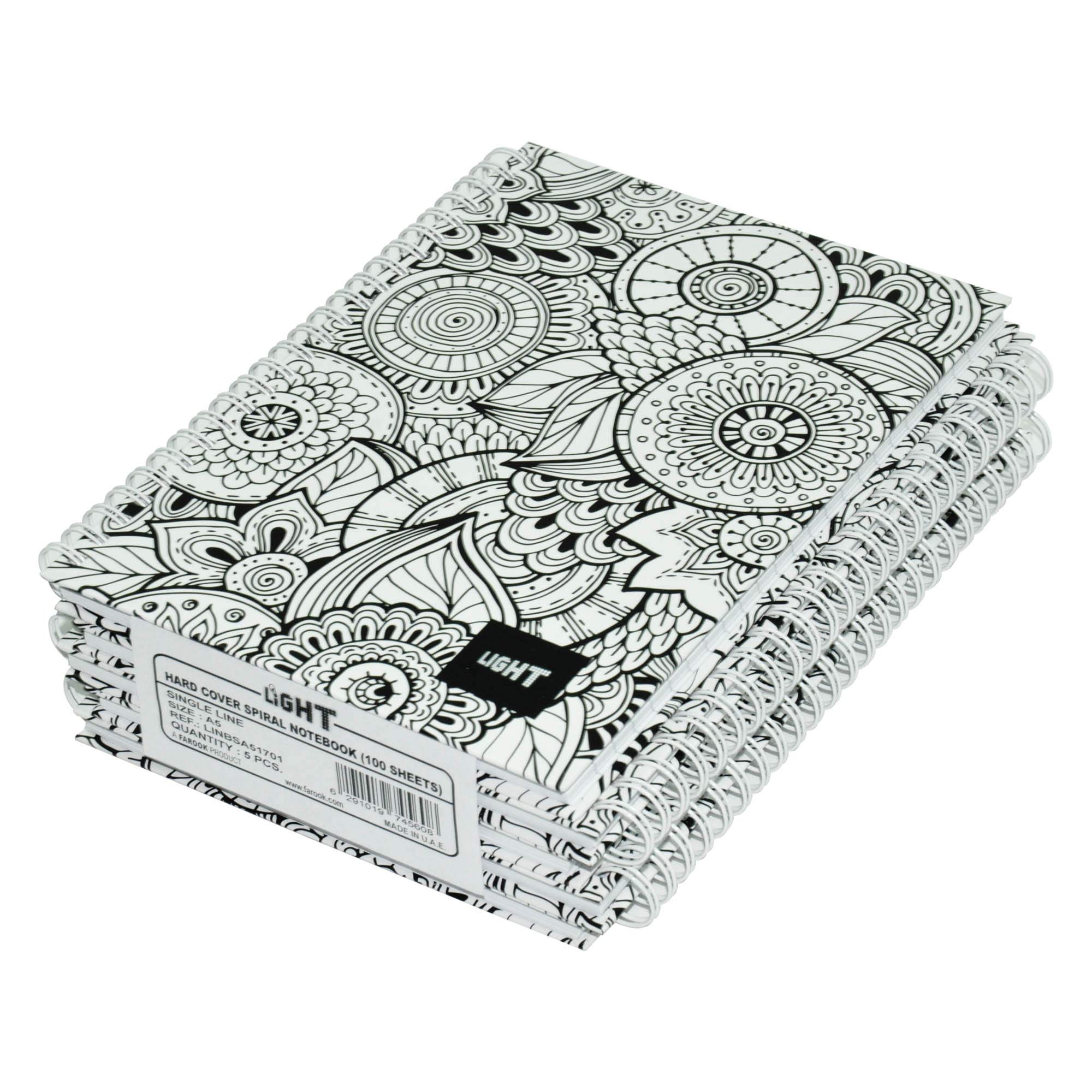 5-Piece Light Spiral Hard Cover Notebook, Single Ruled, (100 Sheets), A5 Size - LINBSA51701