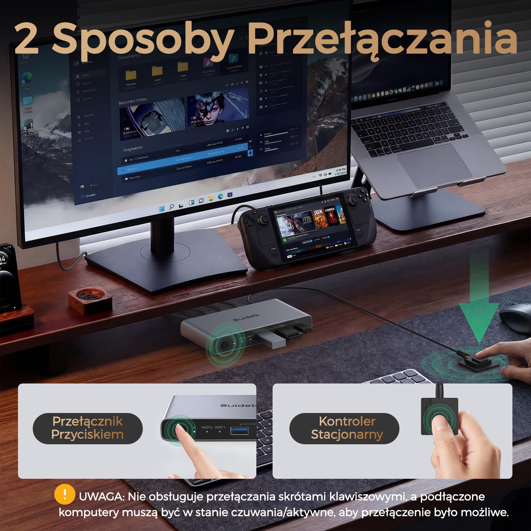 SUIDEK Przełącznik USB C KVM 2 w 1, wyjście 4K 60 Hz, aluminium z 3 portami USB 3.0, na 2 laptopy, 1 monitor, klawiaturę, mysz i drukarkę, z kablem USB/kontrolerem, obsługuje ładowanie do 100 W