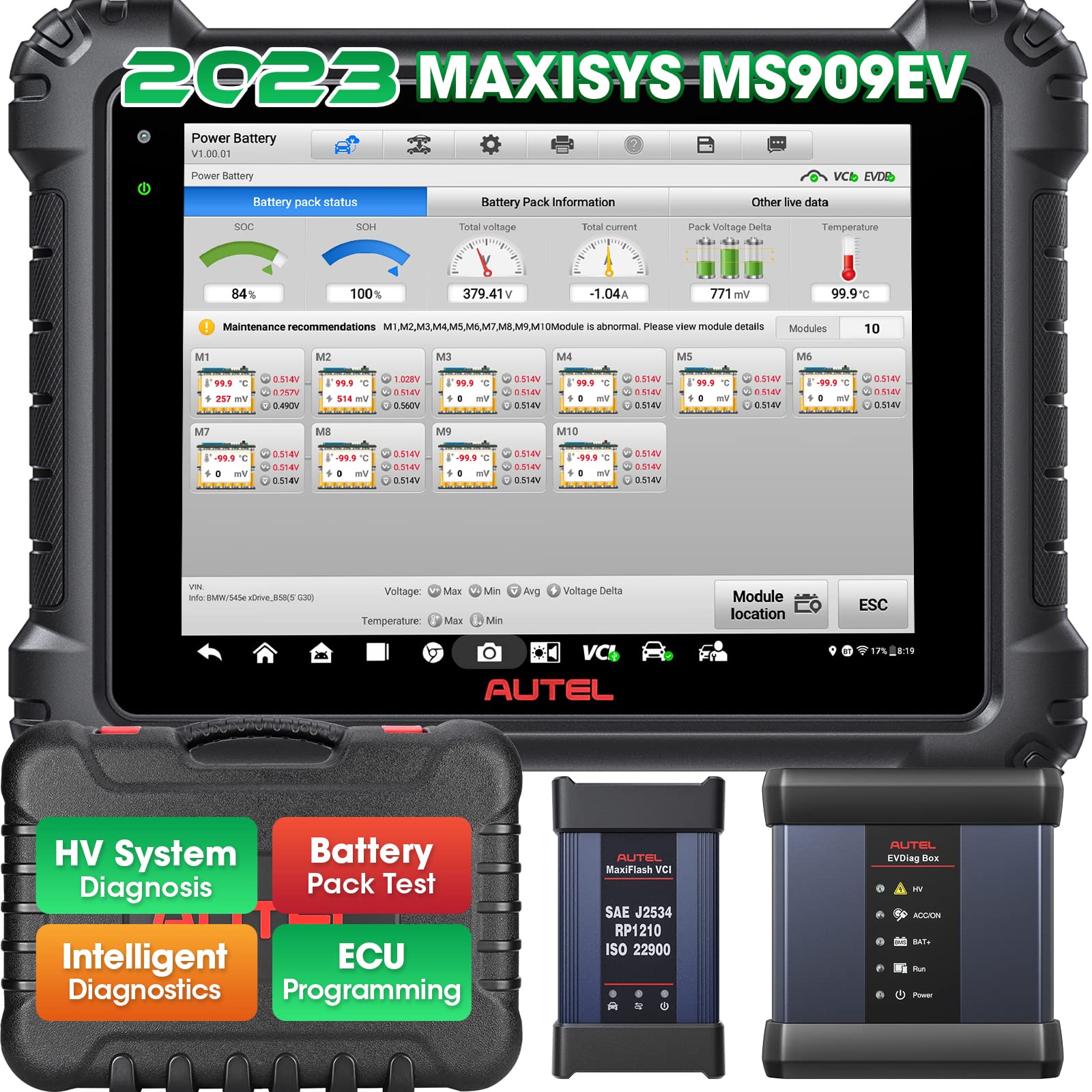 AutelMaxiSys MS909EV: 2025 Version Same as MS Ultra EV with High-Voltage System & Battery Pack Analysis, Intelligent Diagnostics, ECU Programming/Coing Topology Advanced MS909 ms919 MS Elite II