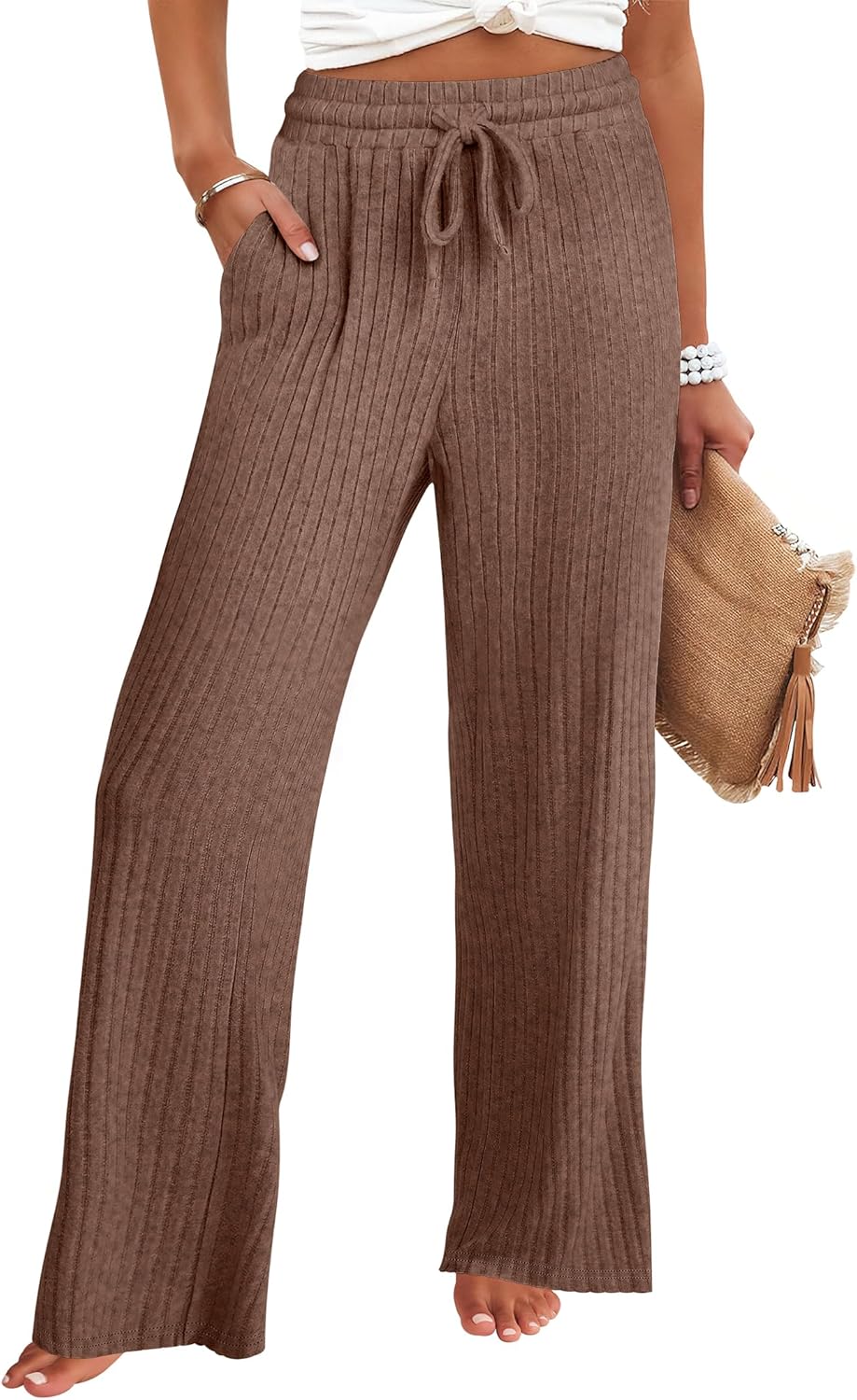 ANRABESS Womens Ribbed Knit Lounge Pajama Pants Soft Fuzzy Comfy Straight Leg Drawstring Fall Loose Pj Bottoms with Pockets