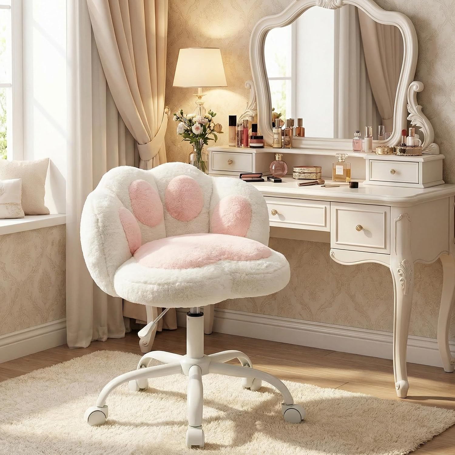 Vanity Chair with Cat Back,Office Chair with Wheels,360°Rotating Height Adjustable Armless Chair in Vibrant Color-Blocking,Small Desk Chair,Plush Cushion for Bedroom,Make-Up Room Home Office，White